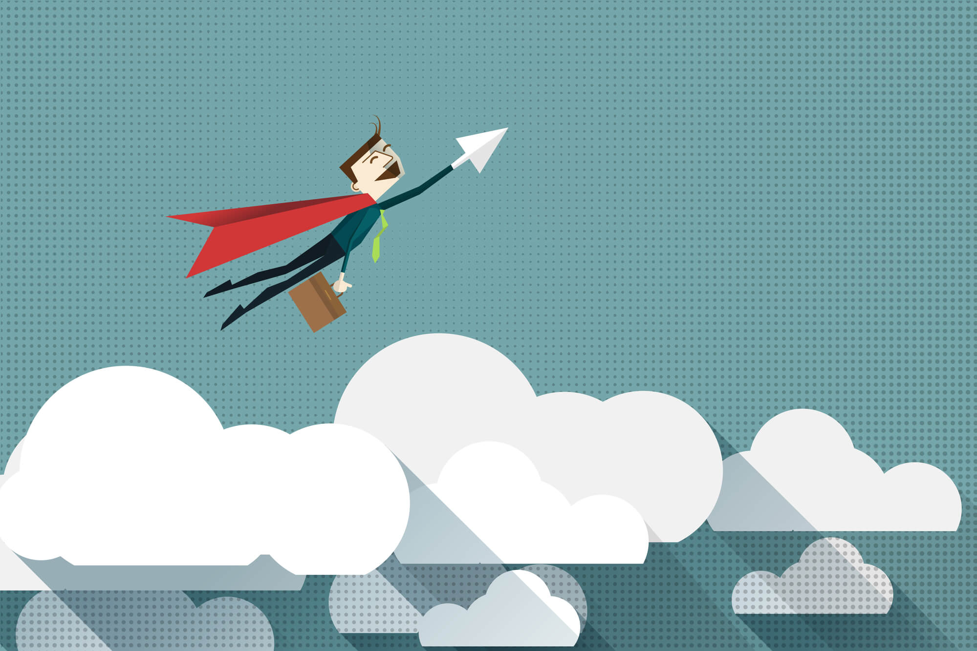 businessman with cape flying to success