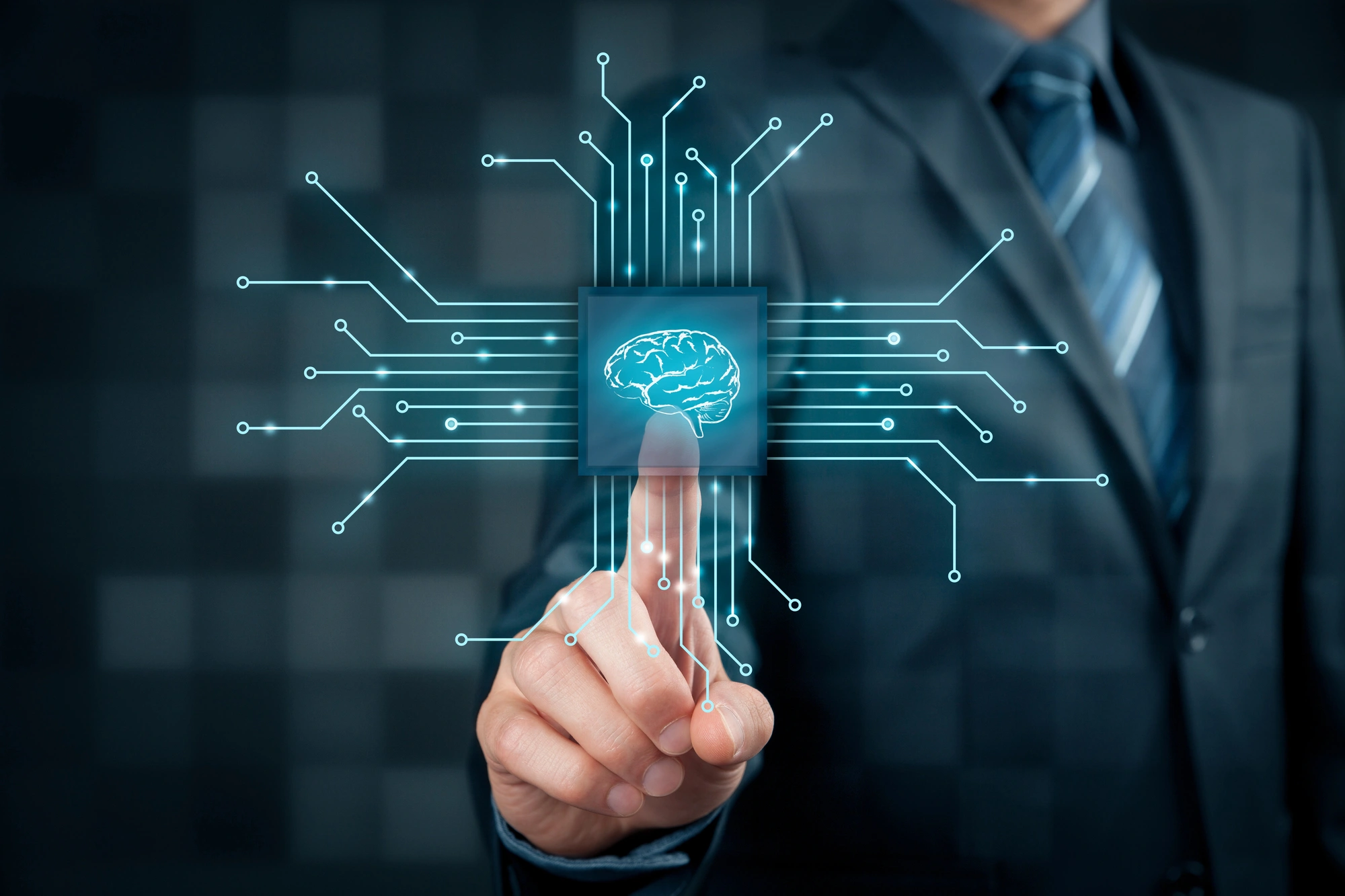 A person in a suit touches a digital interface depicting a glowing brain and circuit lines, symbolizing AI technology and innovation