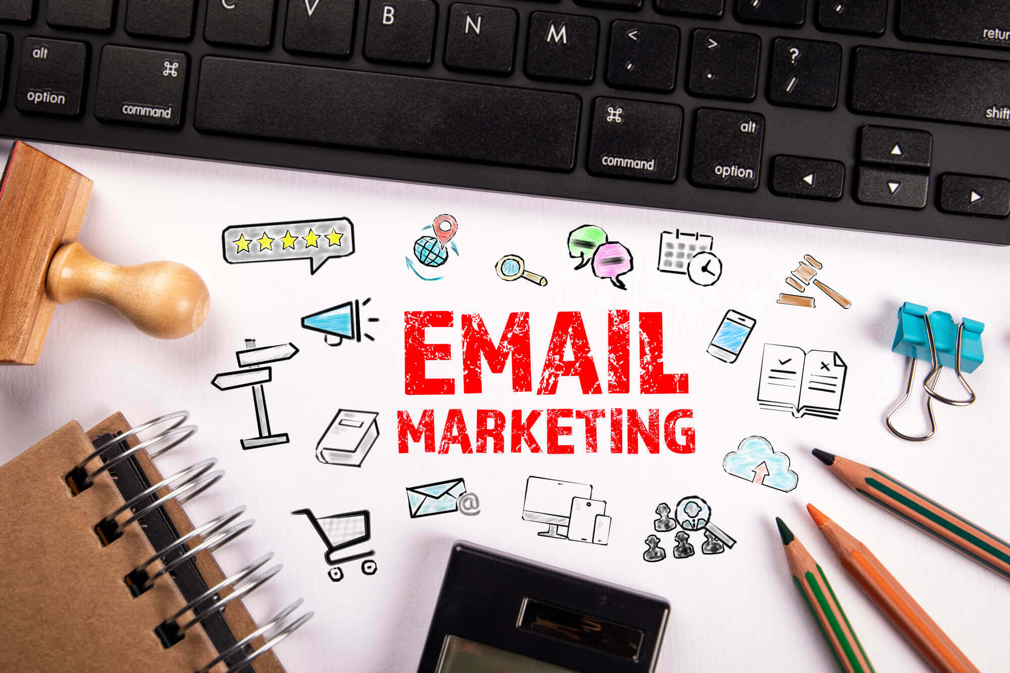 email marketing word surrounded by drawings related to it