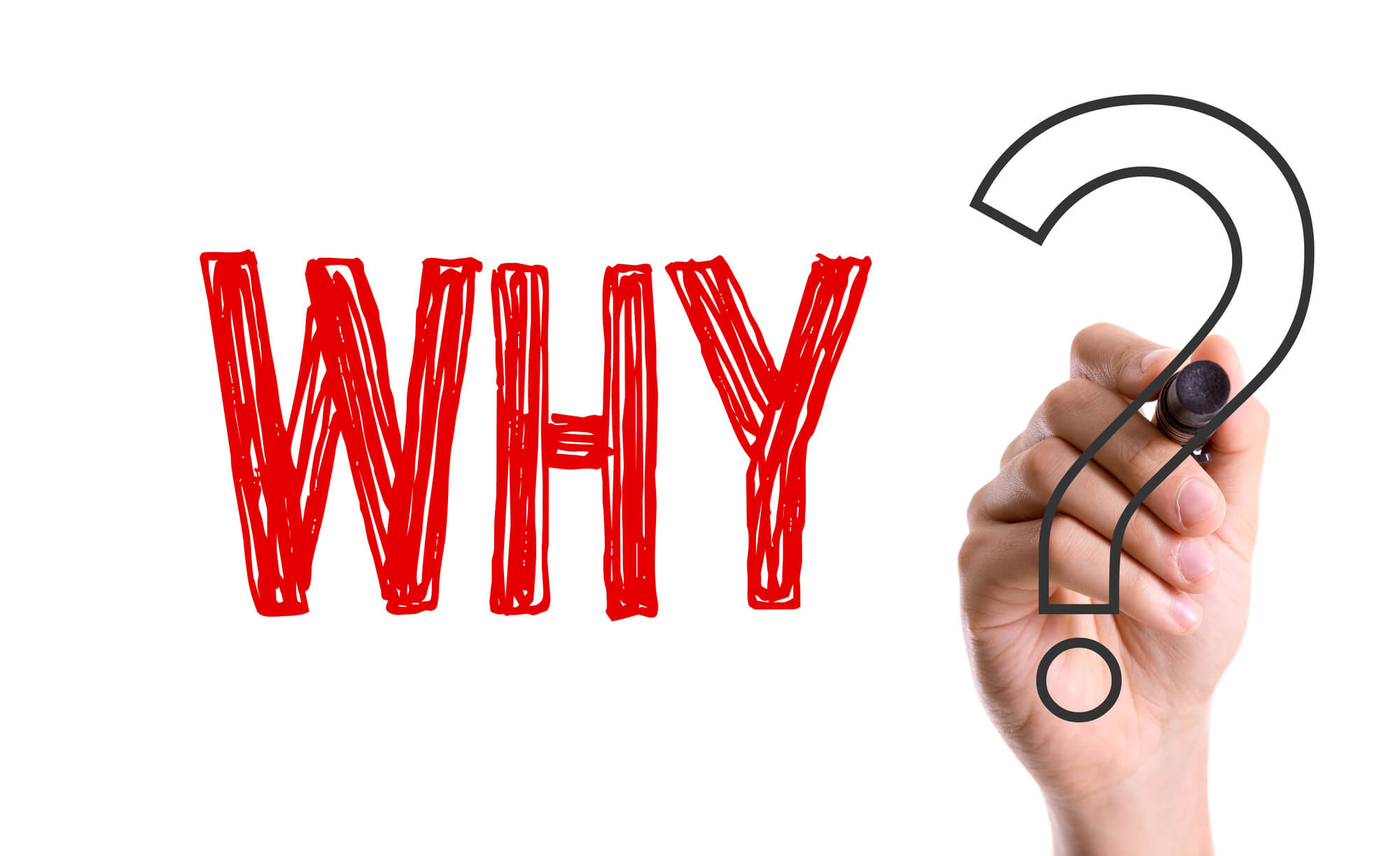 hand drawing a question mark after the word WHY on whiteboard