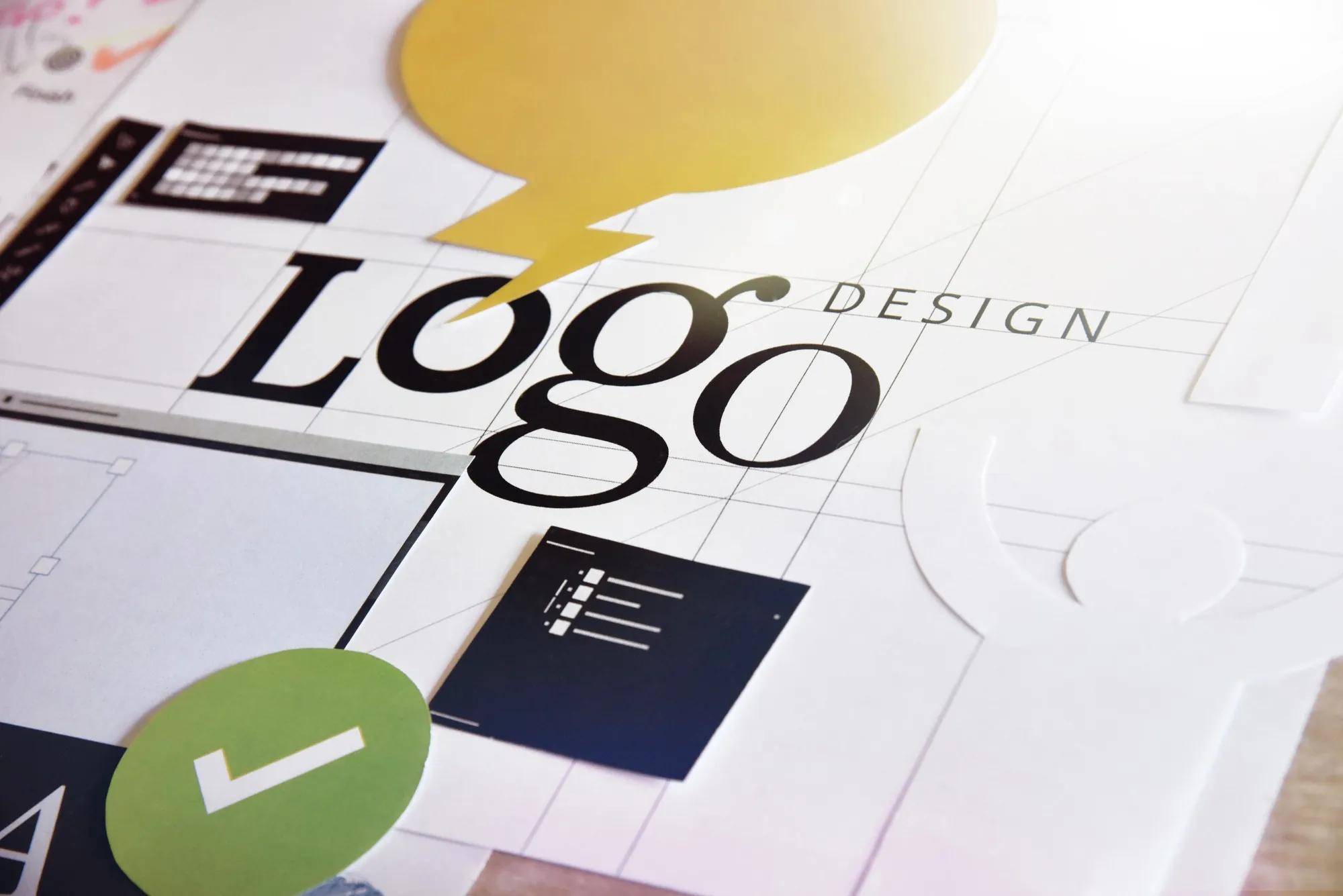 Creative logo design process with branding elements and graphic design concepts