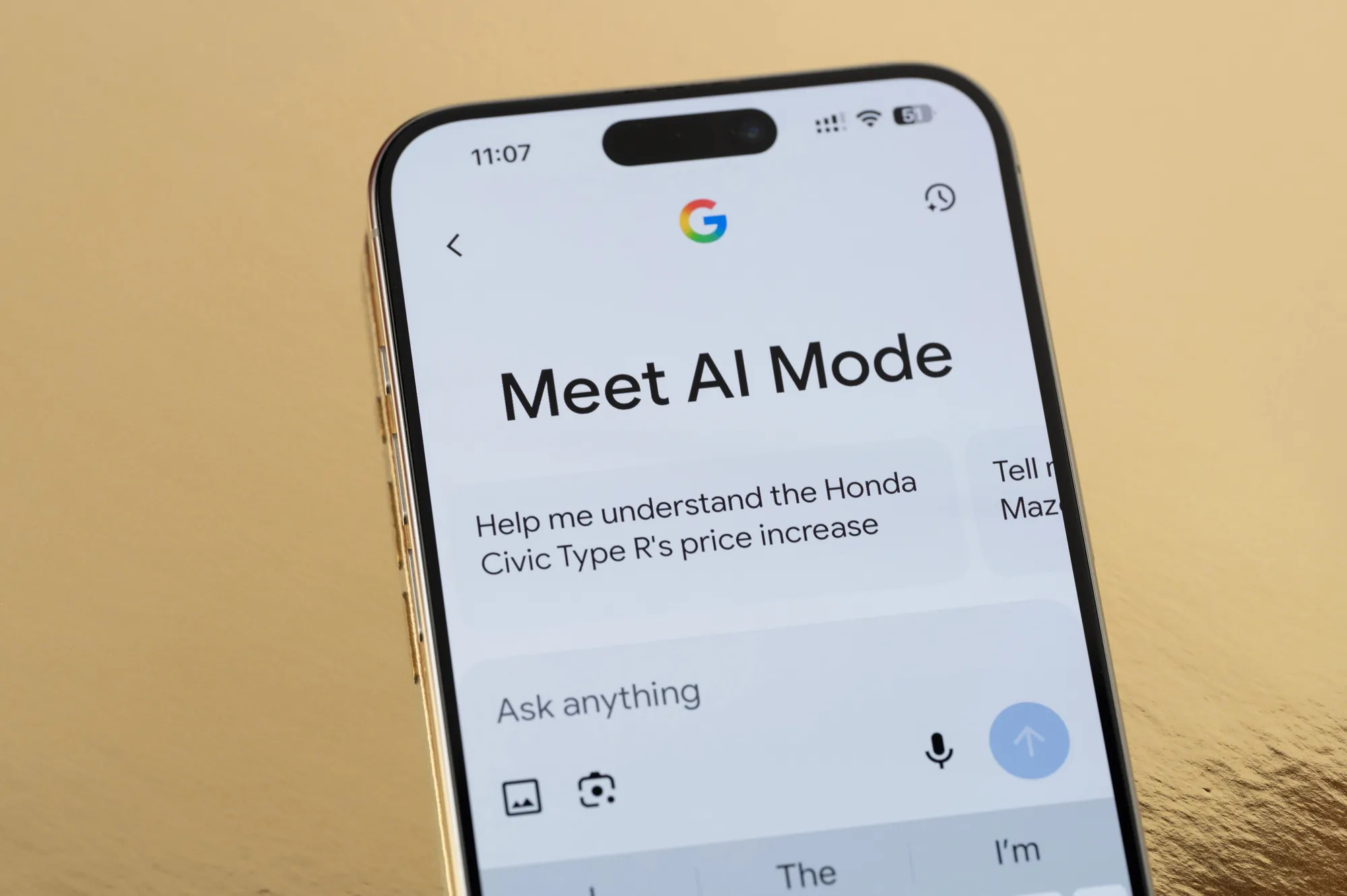 Smartphone screen displaying Google's Meet AI Mode search feature with a sample query