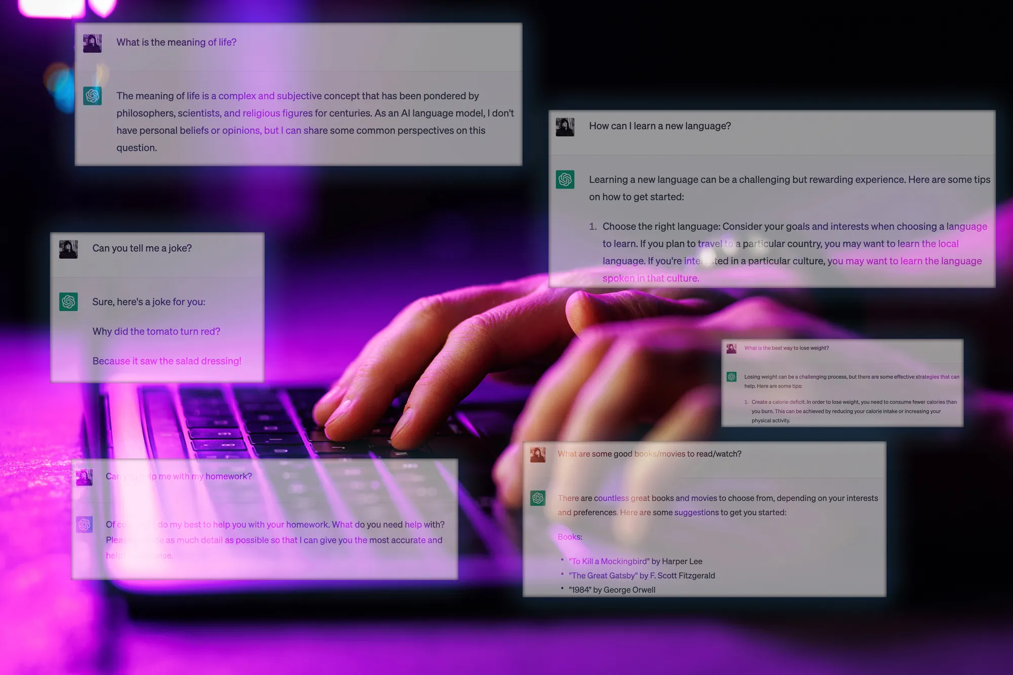 Hand typing on a laptop keyboard with overlaid ChatGPT conversation screenshots showing sample questions and answers
