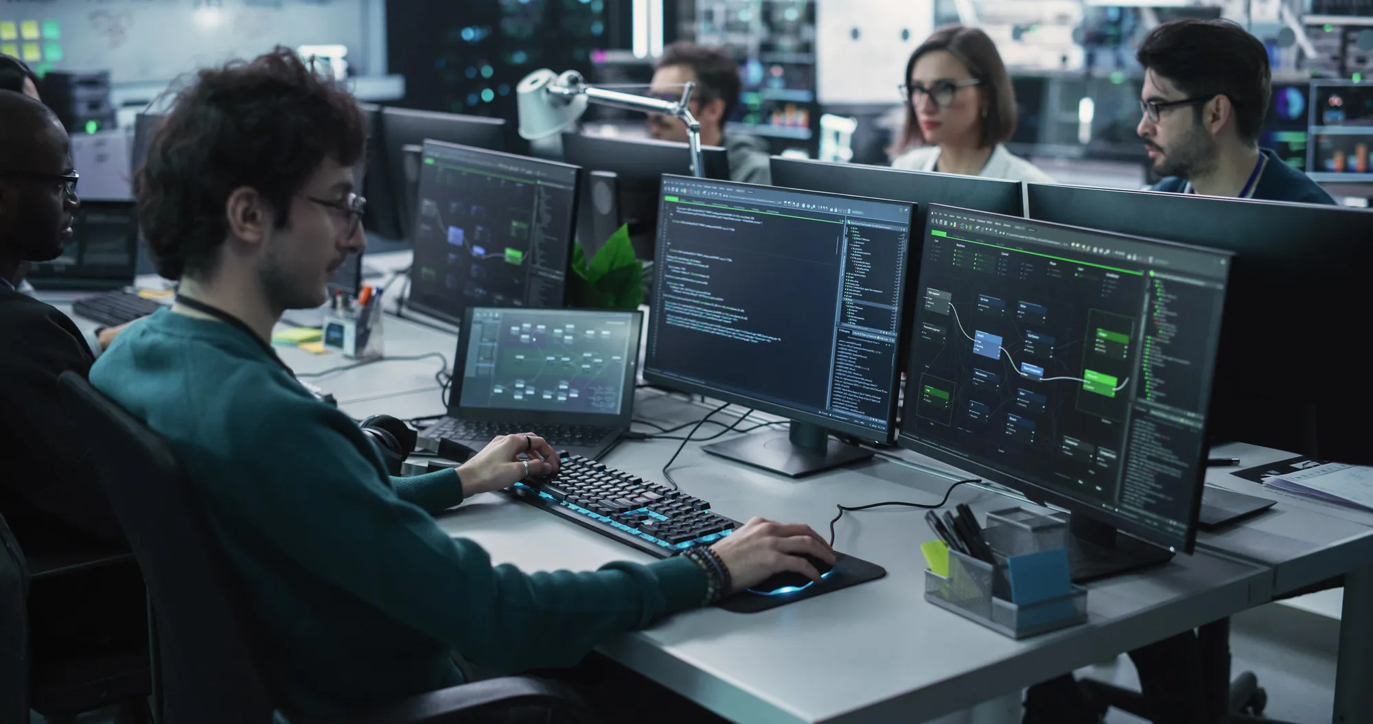 Developer working at a multi-monitor setup displaying code and data dashboards while colleagues look on in a tech office