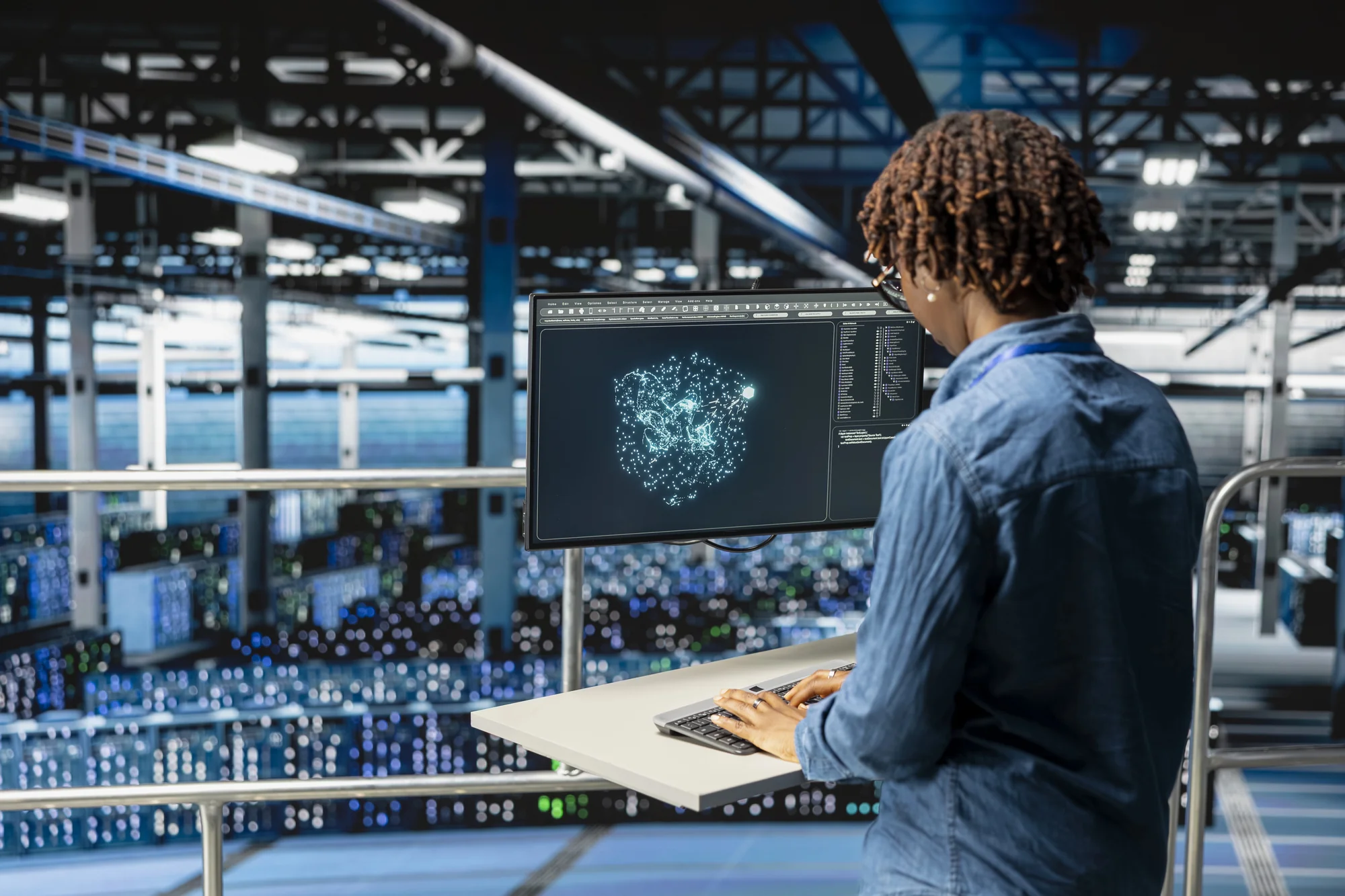 Person working on a laptop beside a monitor showing an AI network visualization inside a data center