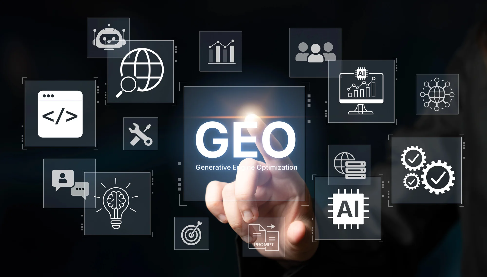 Finger touching a GEO Generative Engine Optimization graphic surrounded by AI, search, and analytics icons