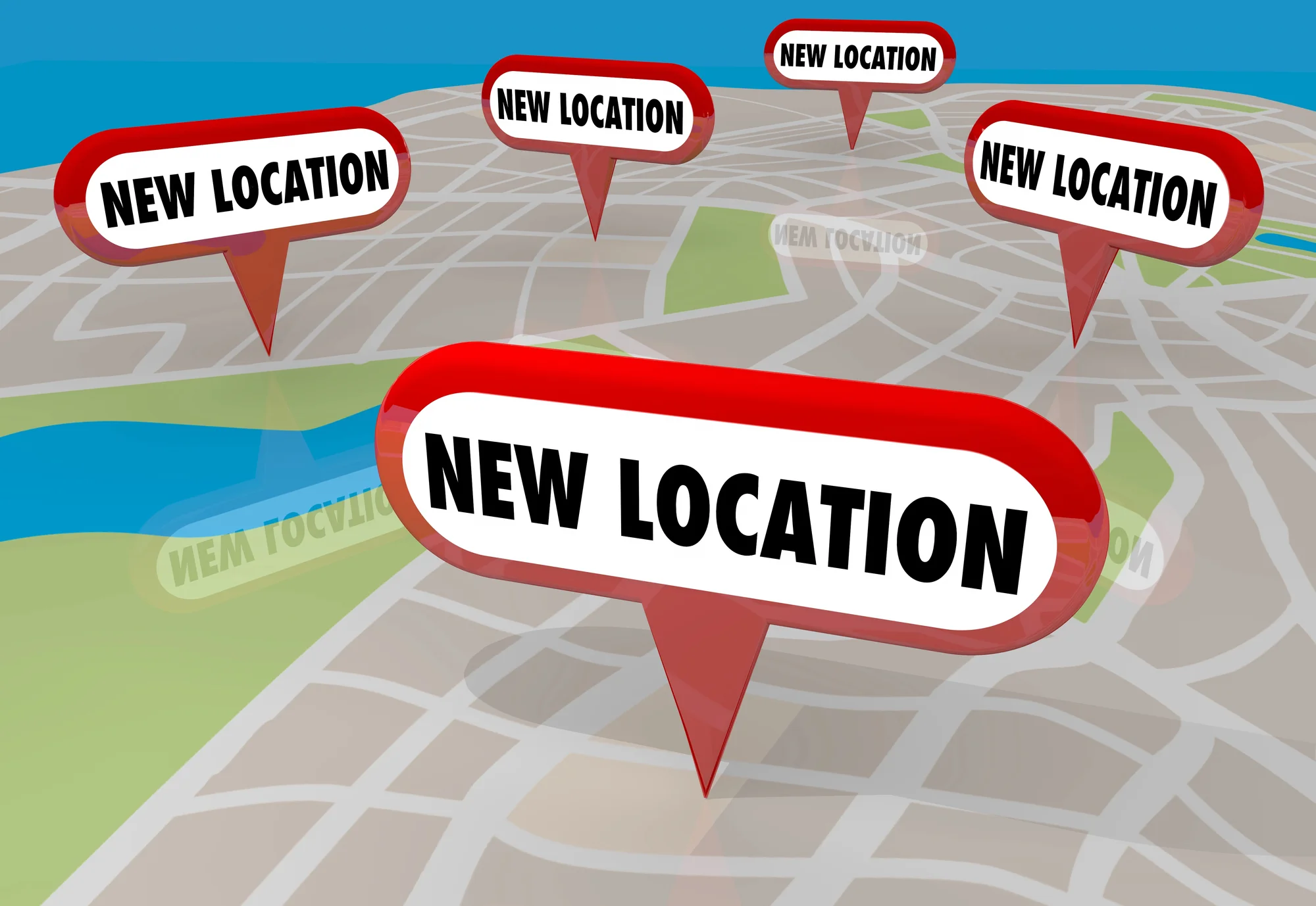 Map with several red New Location pins, representing the local listings a multi-location SEO company manages