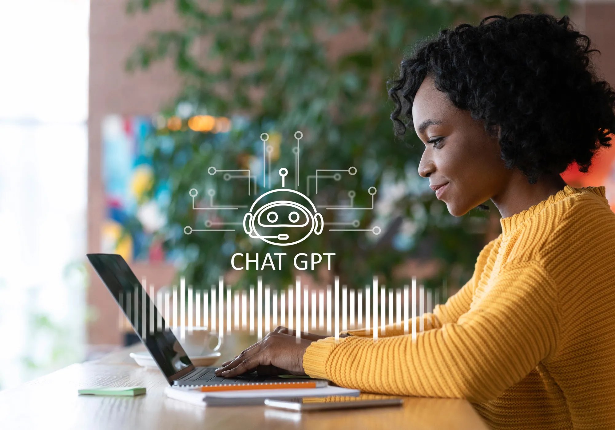Woman in a yellow sweater typing on a laptop with a ChatGPT chatbot icon overlay, illustrating how brands get named but not linked in AI responses and the role of LLM optimization