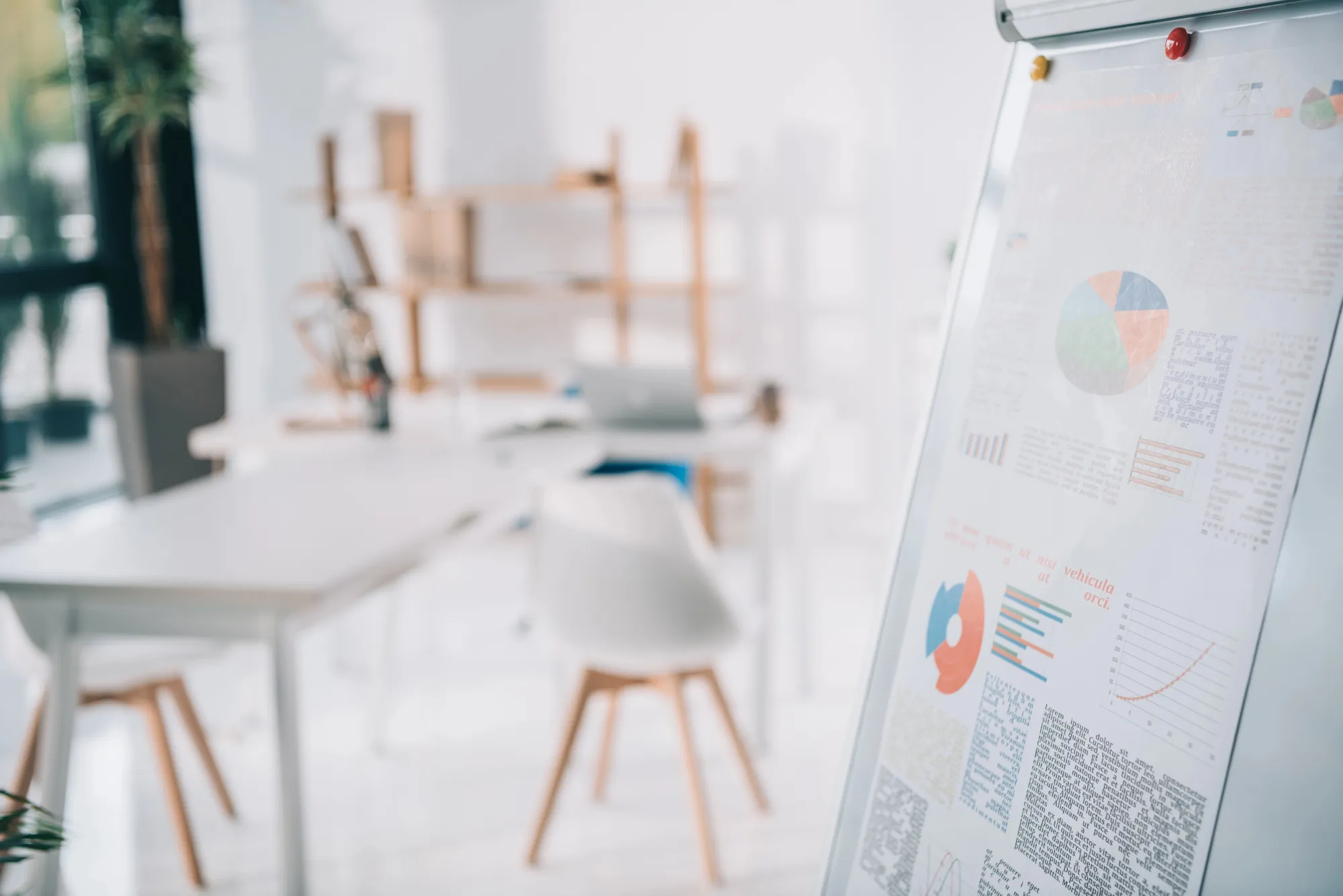 Flipchart with pie charts, bar graphs, and growth curves in a bright, empty office, representing the planning and goal setting behind a 2027 marketing plan for small business