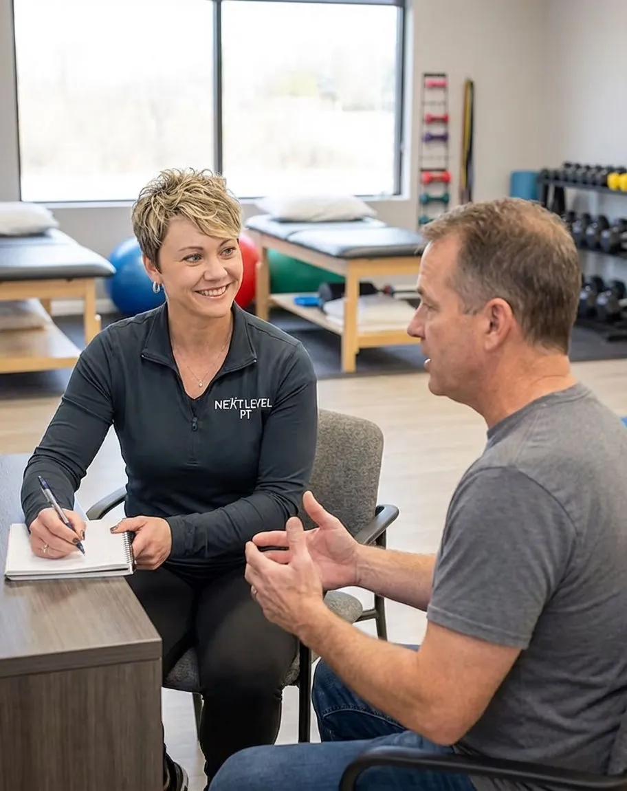 Patient working with a provider at a performance physical therapy clinic in Westlake during initial consultation
