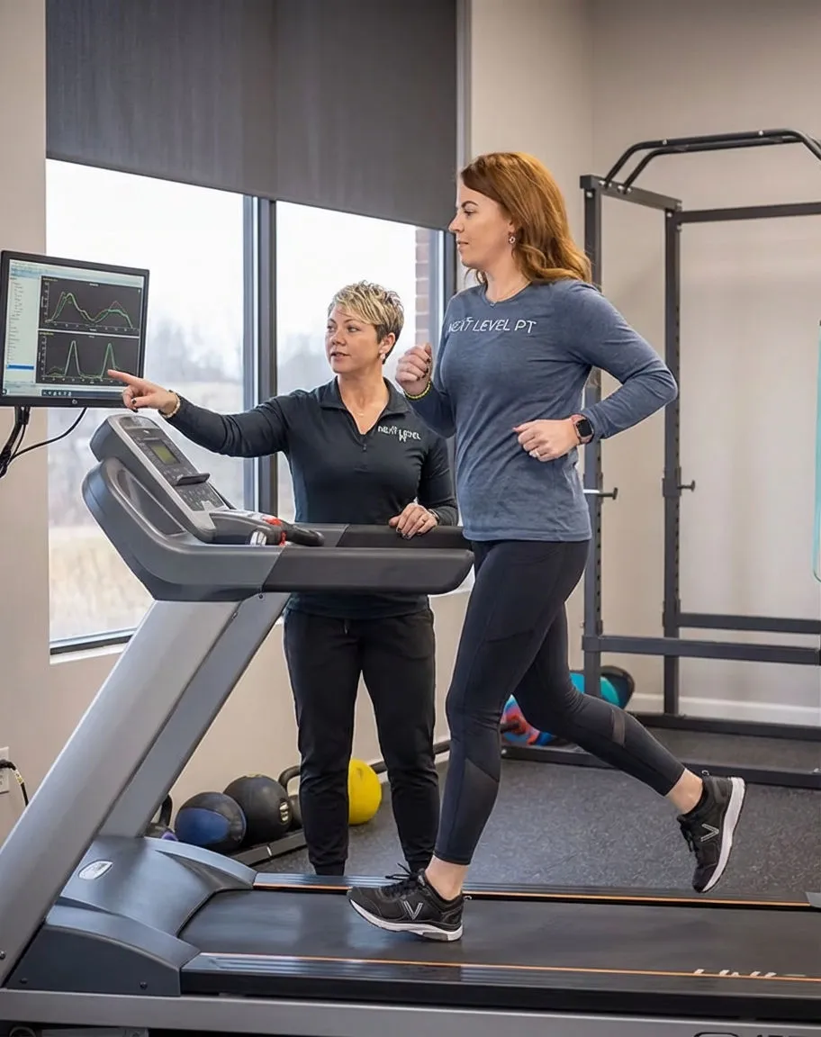 Runner receiving specialized gait assessment at a performance physical therapy clinic in Avon