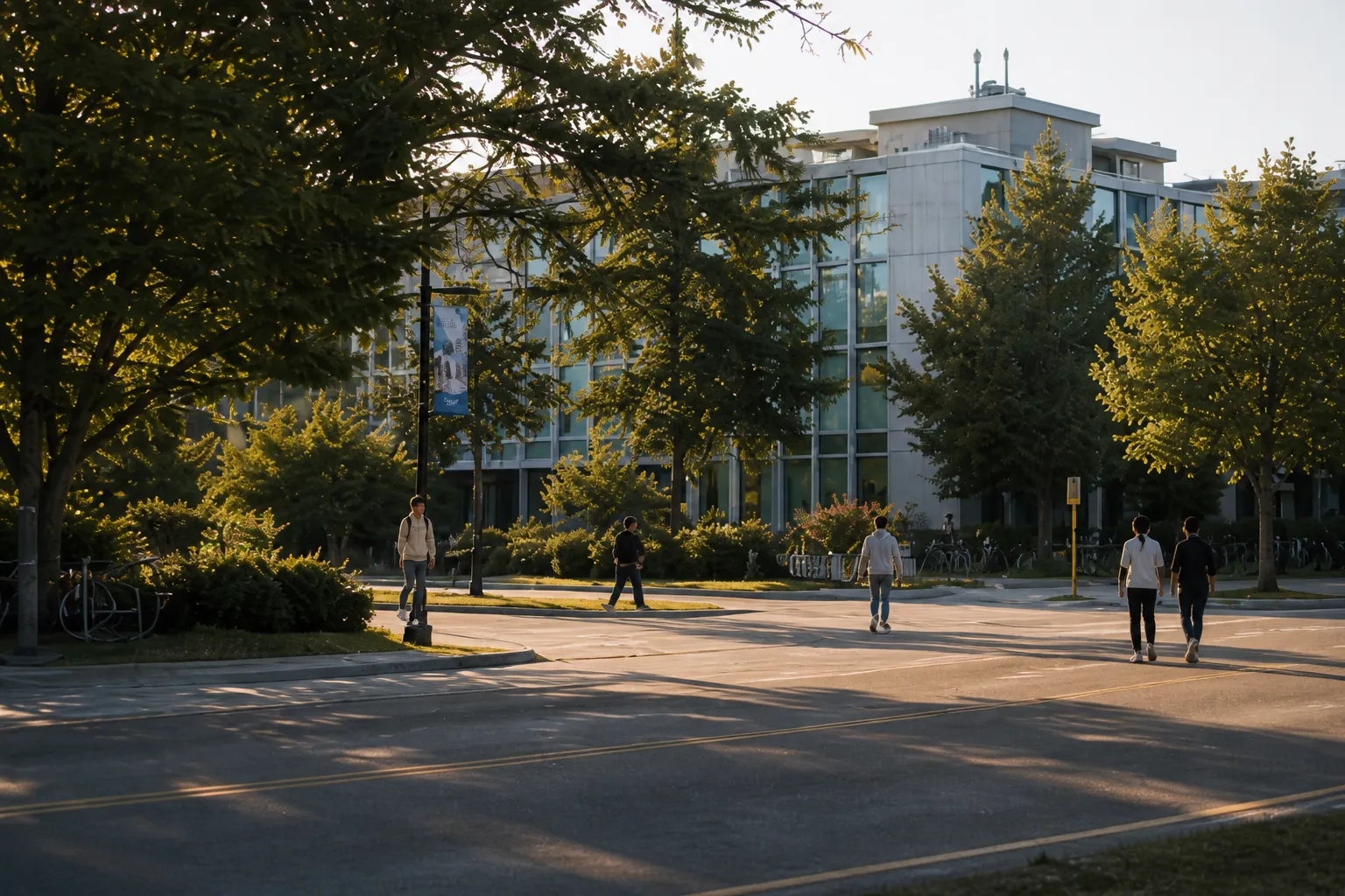 People walking on a sunlit street near a modern glass building with trees and bike racks.
