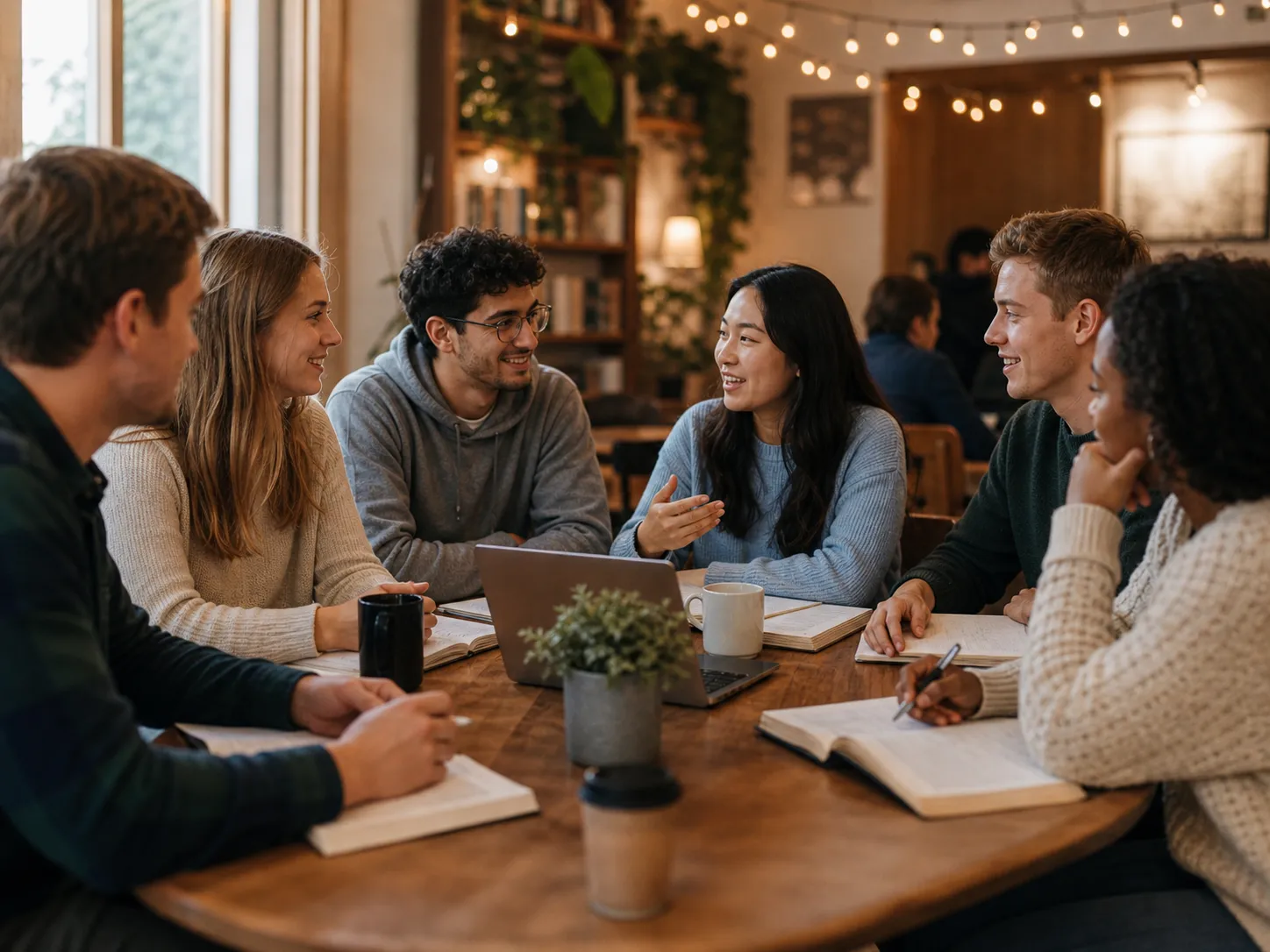 Six young people sitting around a table with books and a laptop, engaged in a discussion.