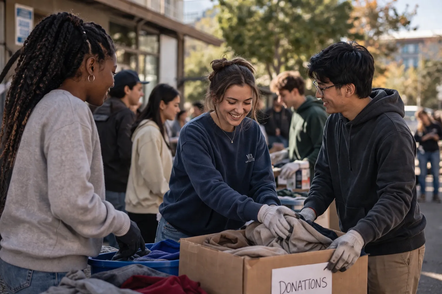 Three young volunteers sorting clothes into a cardboard box labeled Donations outdoors.