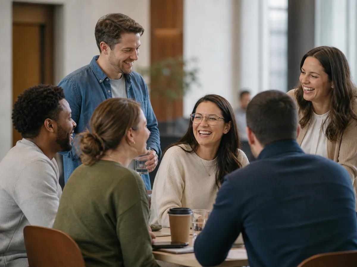 Six diverse people smiling and talking around a table in a bright, casual office setting.