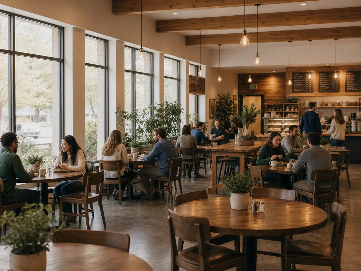 People sitting at wooden tables and chatting in a cozy coffee shop with large windows and plants.