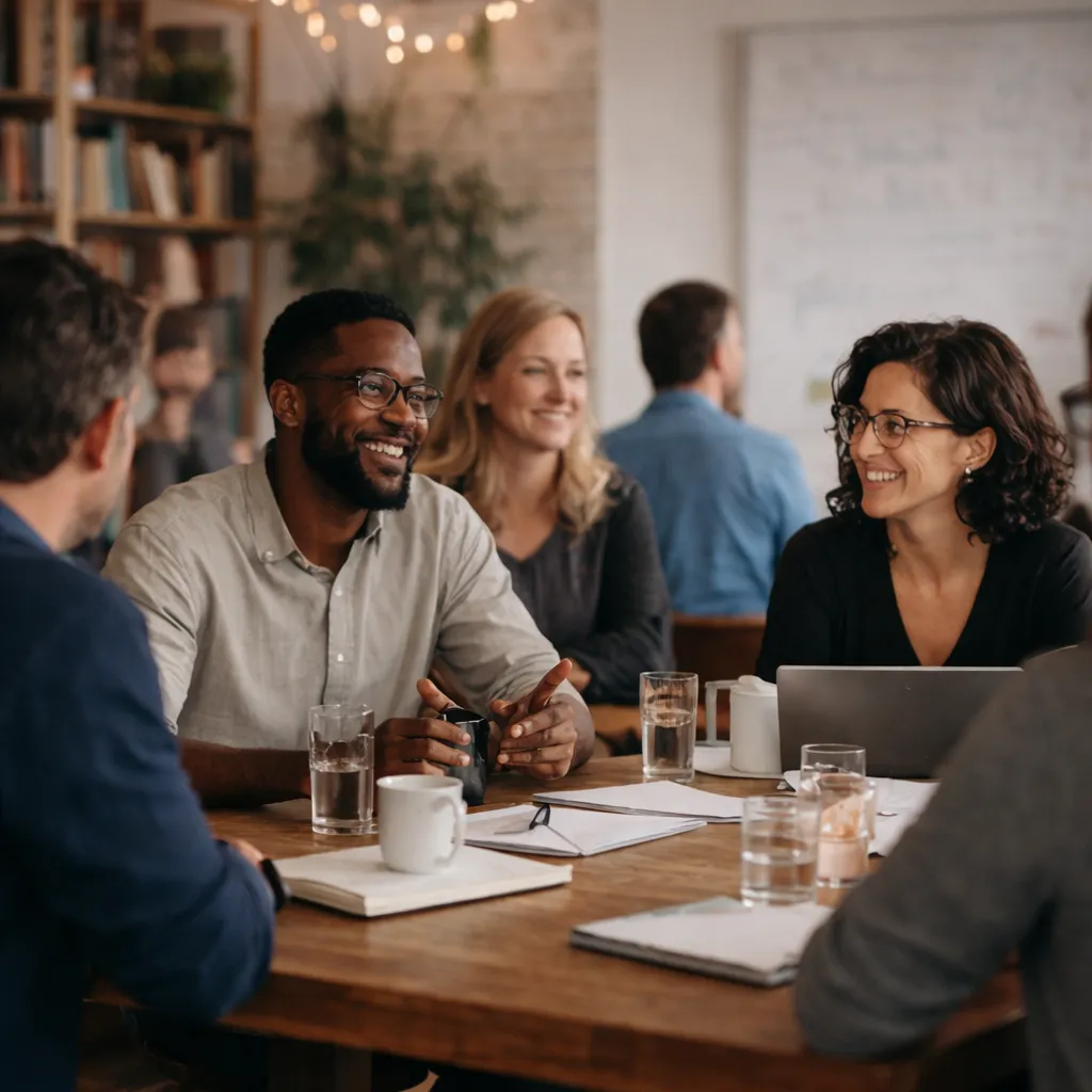 A diverse group of people having a friendly meeting around a wooden table with notebooks and drinks.