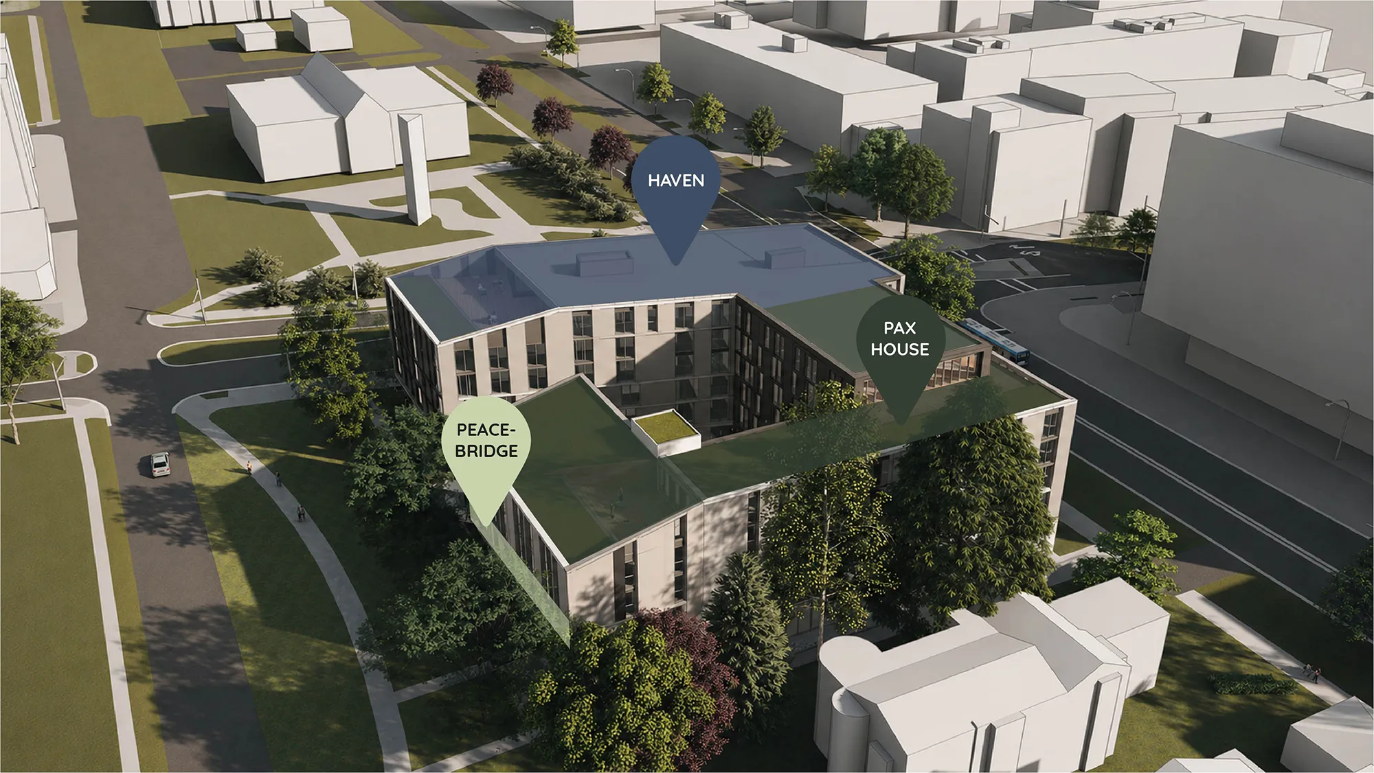 Aerial view of a modern building complex labeled Haven, Pax House, and Peace Bridge with surrounding trees and pathways.