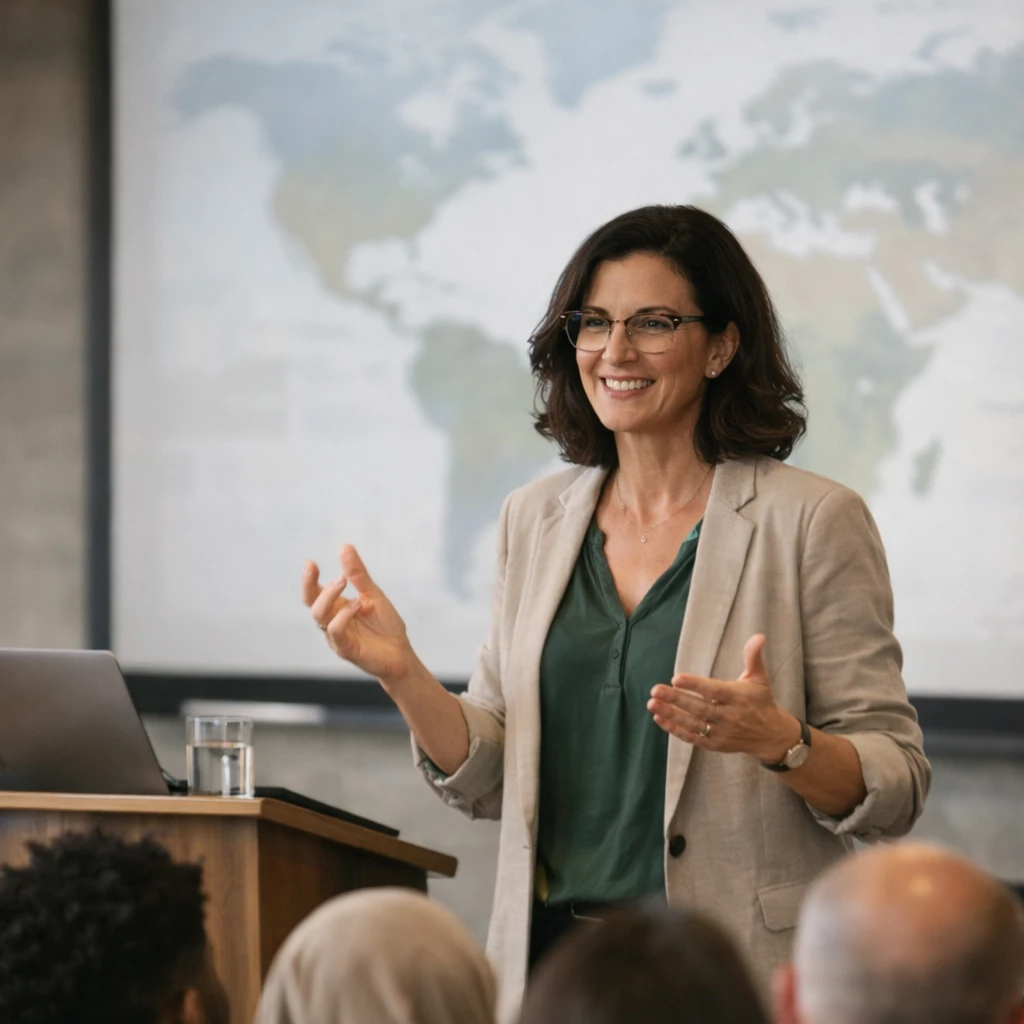 Smiling woman giving lecture or presentation in front of a world map with audience in foreground.