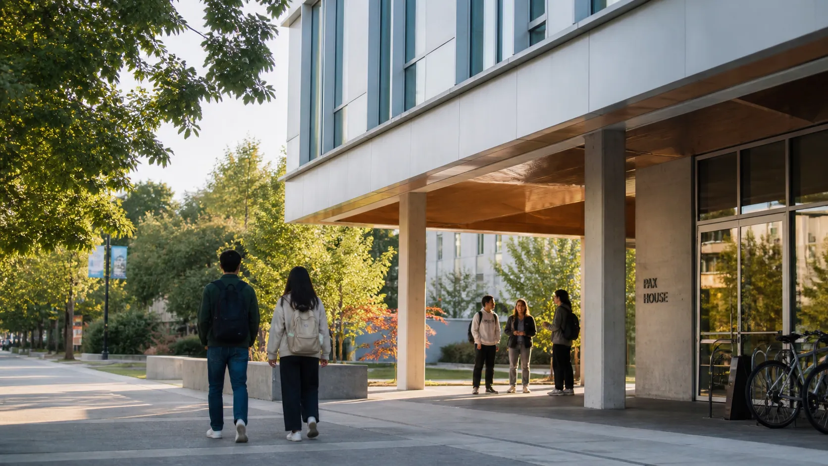 Students walking and talking outside a modern building named Pax House in a tree-lined campus setting.