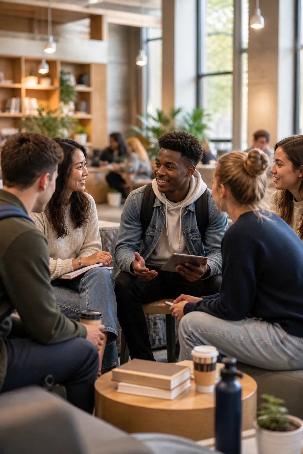 Five diverse young adults sitting in a circle, chatting and holding books and a tablet in a cozy room.