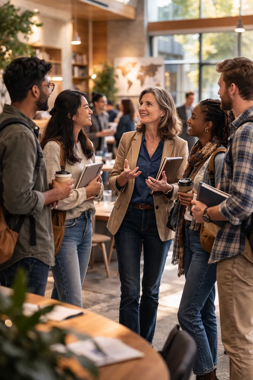 Group of five diverse people holding books and coffee having a discussion indoors in a bright room.