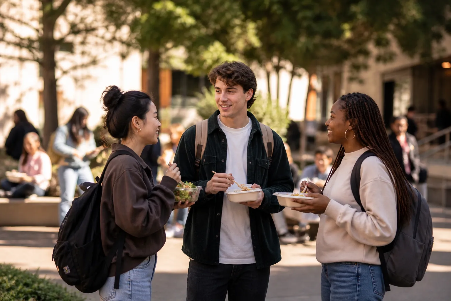 Three diverse college students standing outdoors eating from to-go containers and chatting with backpacks on.