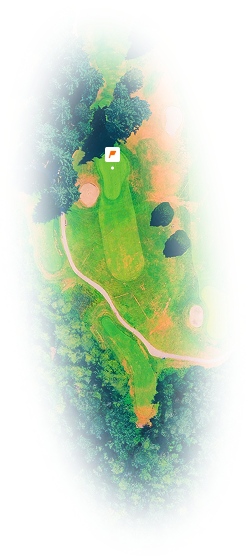 Aerial view of a par 4 golf hole with fairway, sand bunkers, and surrounding trees.