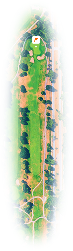 Aerial view of a golf course hole showing fairway, green, sand traps, trees, and adjacent road.
