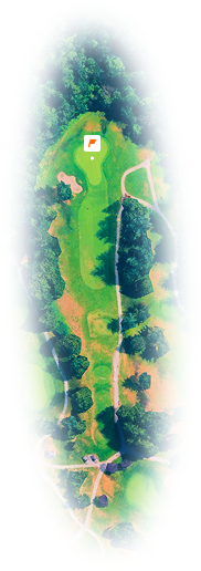 Aerial view of a golf course hole with a green, sand bunkers, fairway, and surrounding trees.