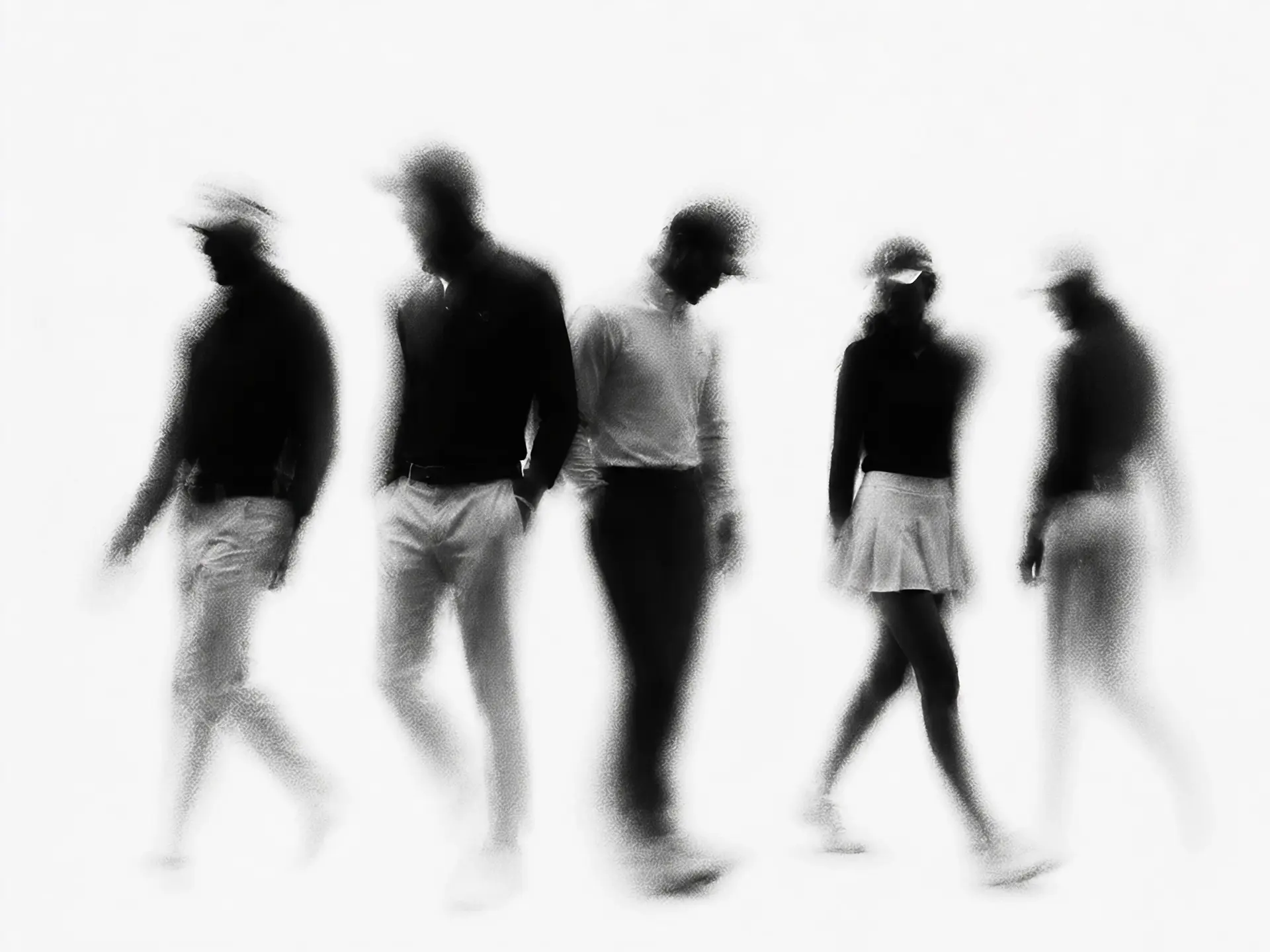 Blurred black and white image of five people wearing hats walking, with two women and three men.