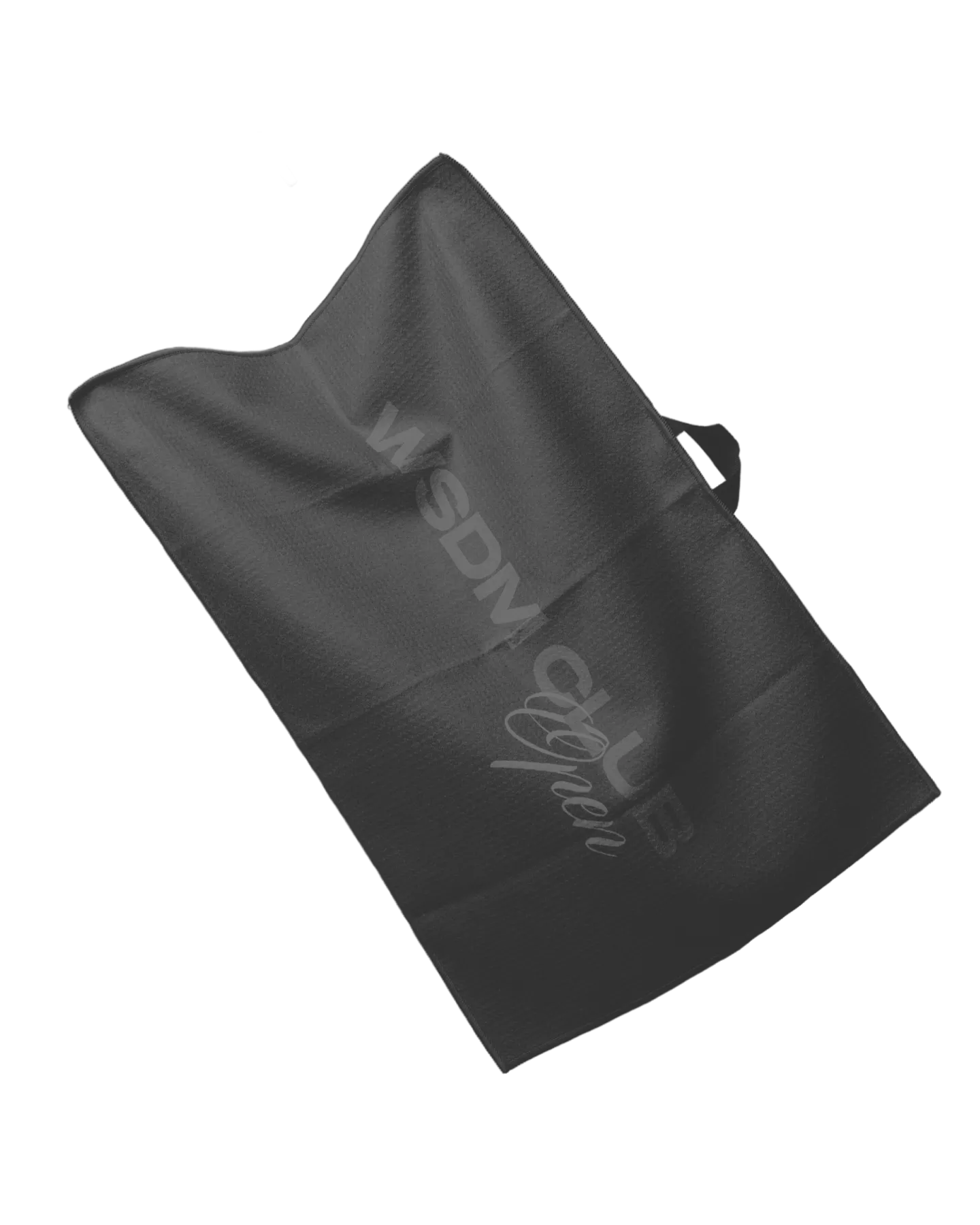 Black microfiber towel with textured pattern and partial text printed on it.