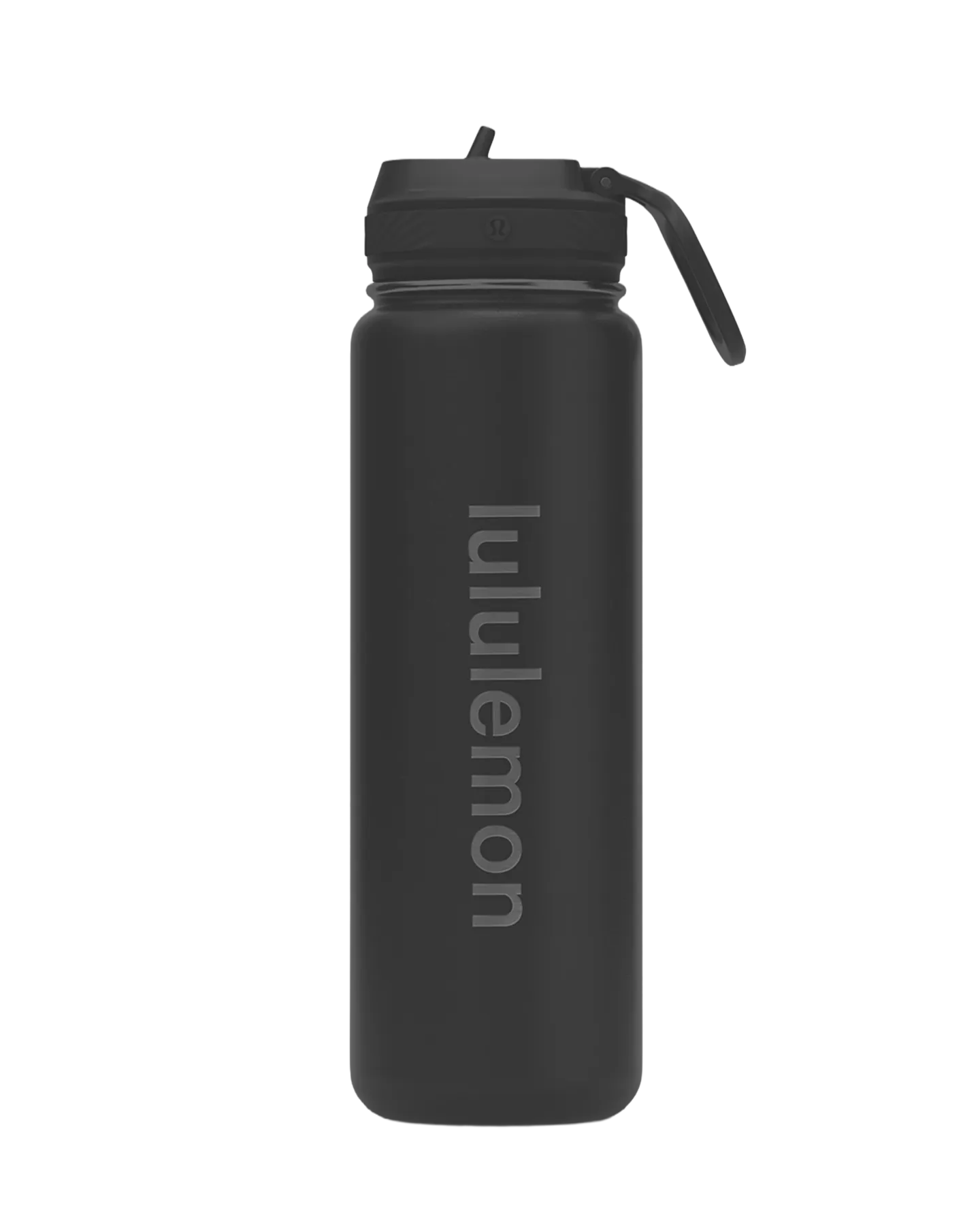 Black Lululemon reusable water bottle with a built-in straw and carry handle on the lid.