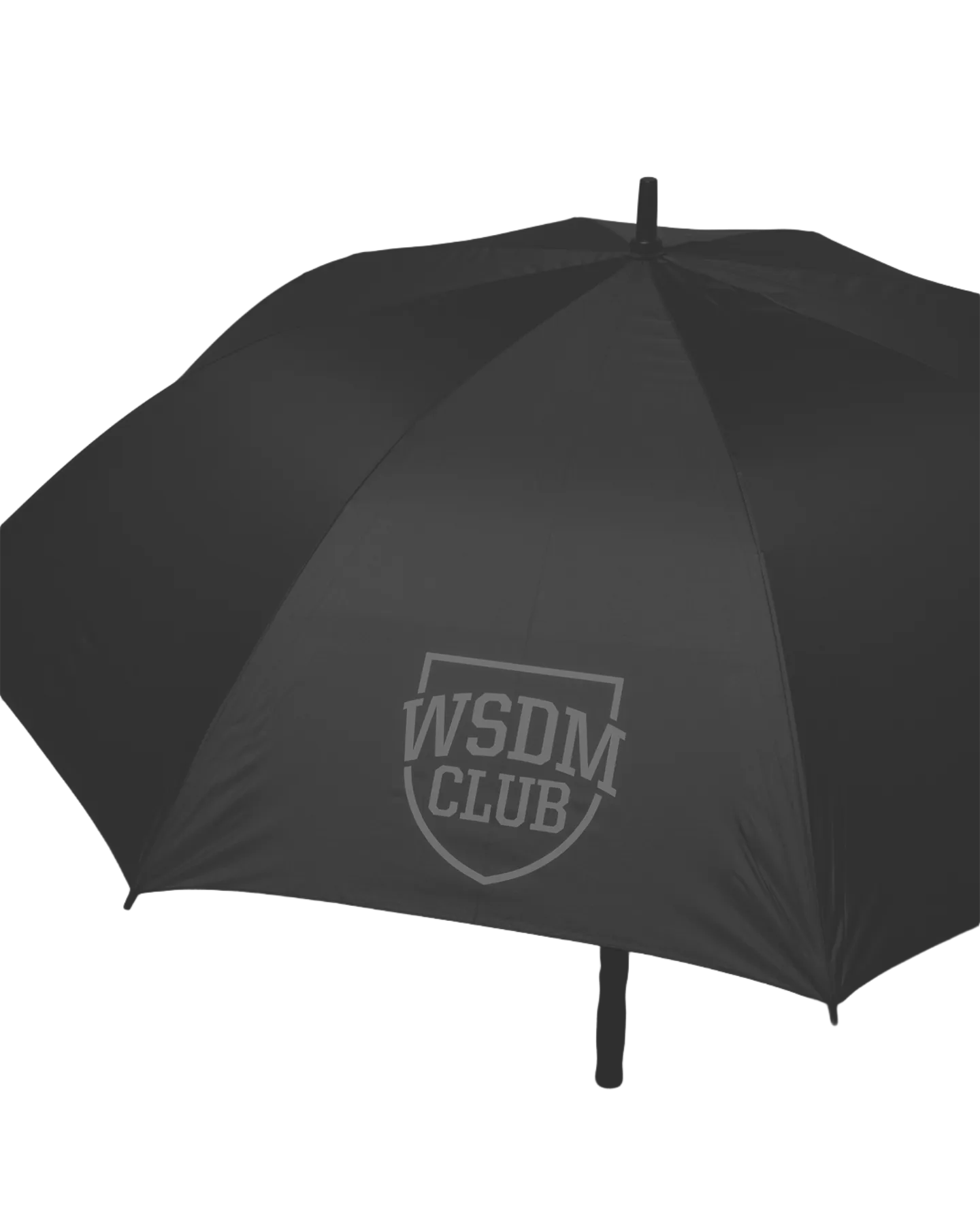Black umbrella with a white WSDM CLUB logo printed on one panel.