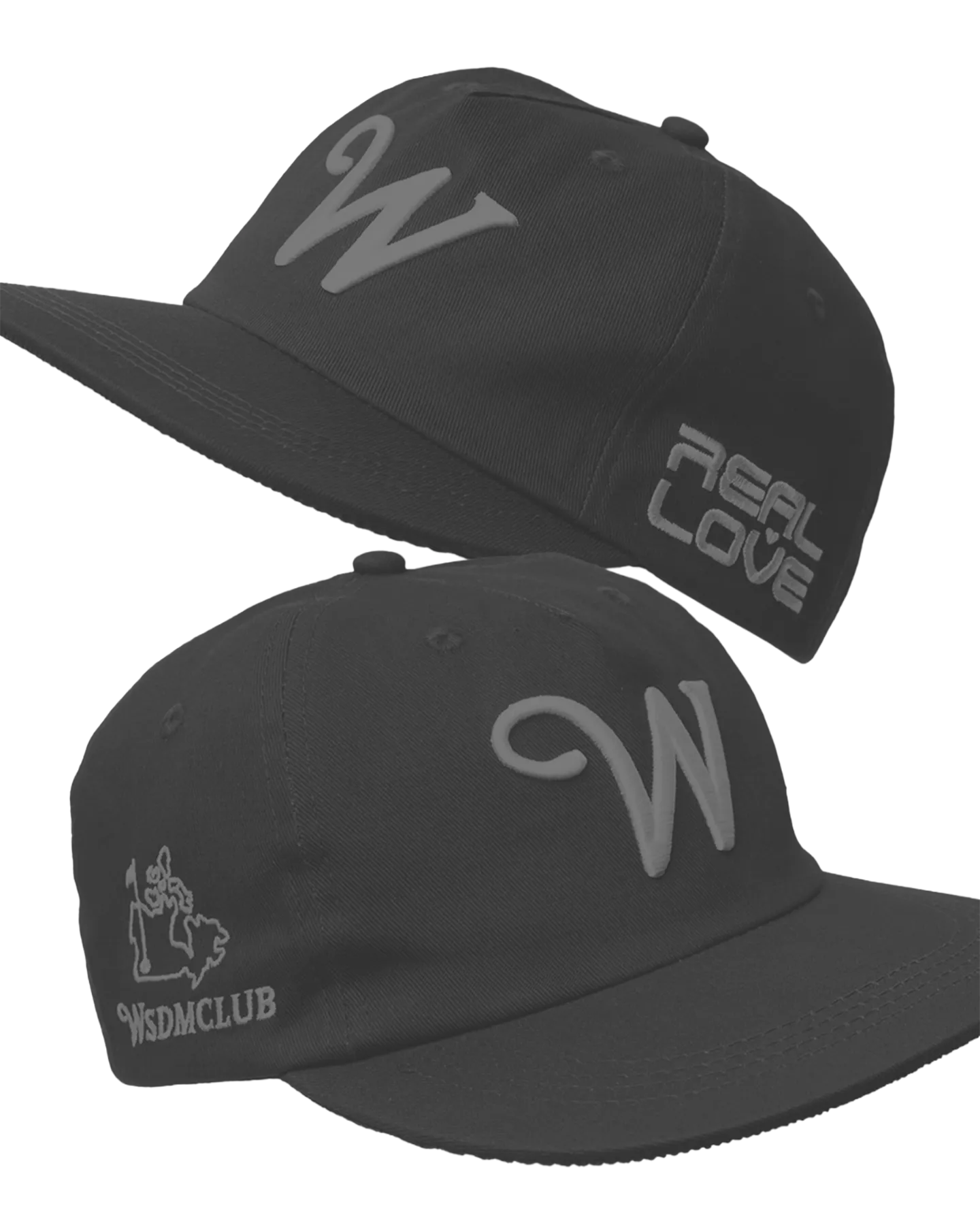 Black baseball cap with a white stylized W logo on front, REAL LOVE embroidery on side, and WSDMCLUB emblem on back.