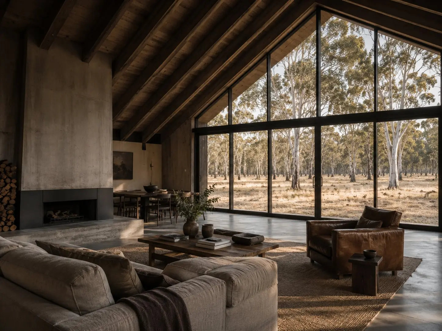 Double height living room with open fire