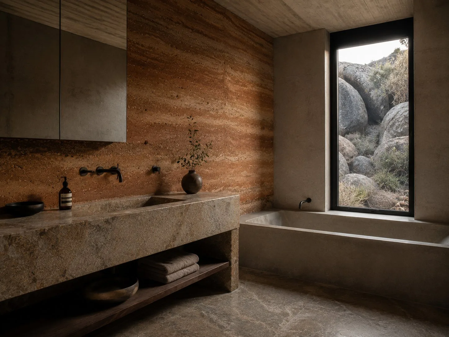 Bathroom with built in concrete bath.