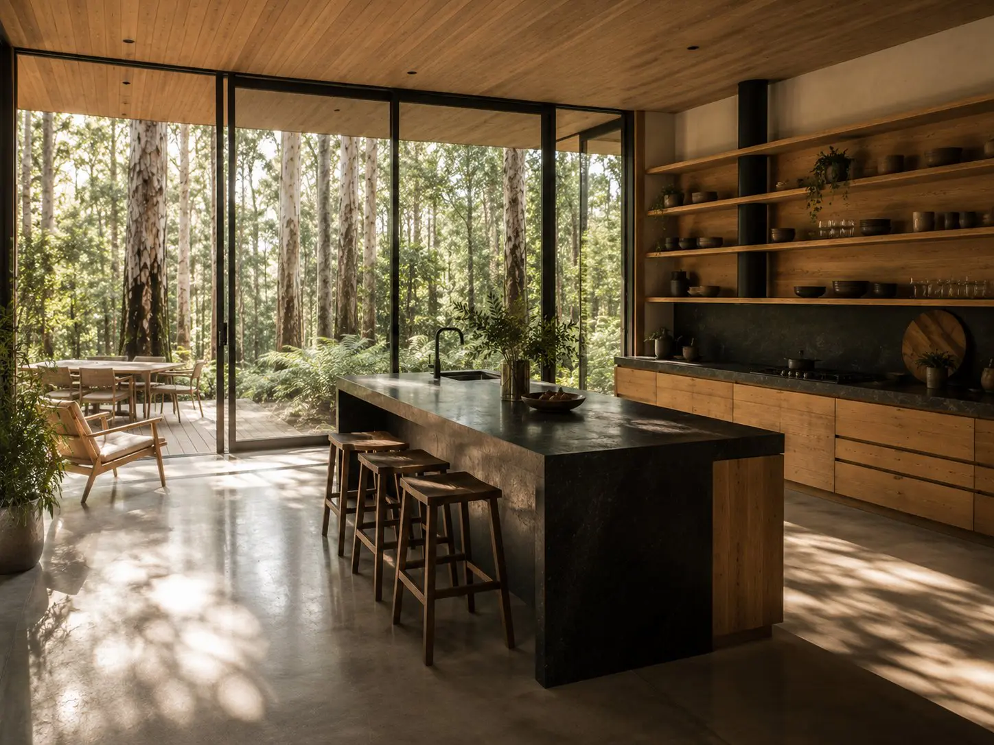 Warm wood kitchen with forest views