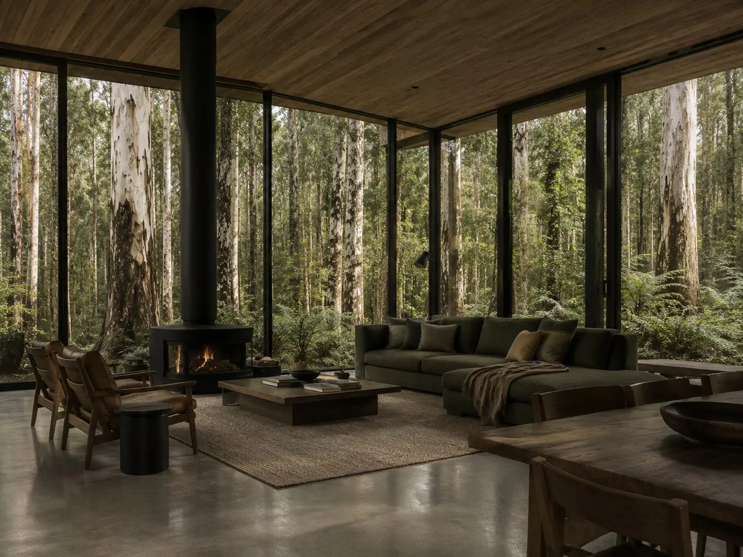 Living room with forest views and log burner