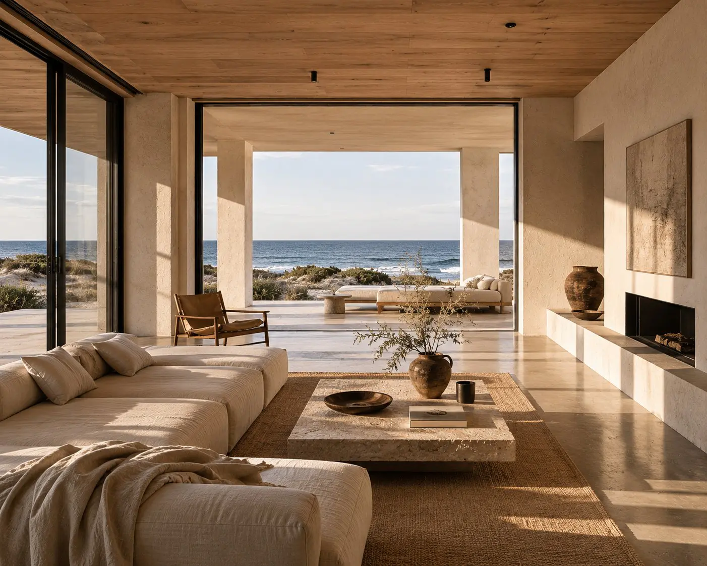 Living room with sunset lighting and sea view
