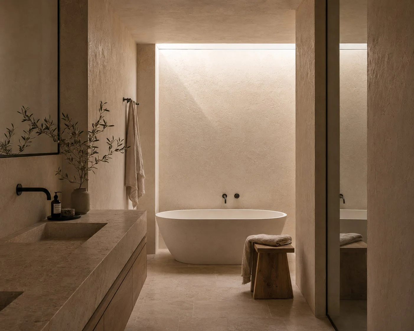 Sandstone bathroom with bath and sink