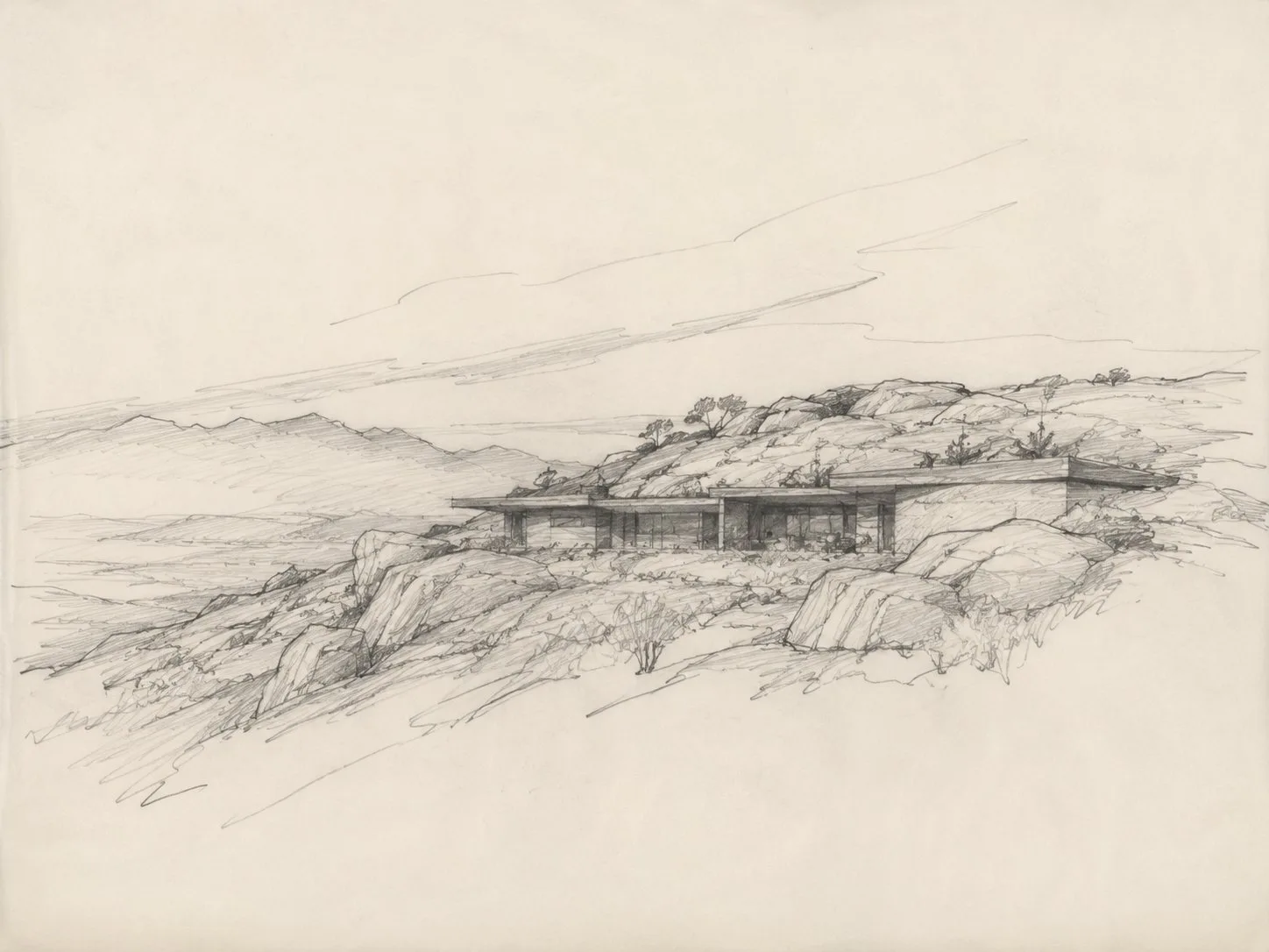 Original sketch of house built on the ridge of hillside