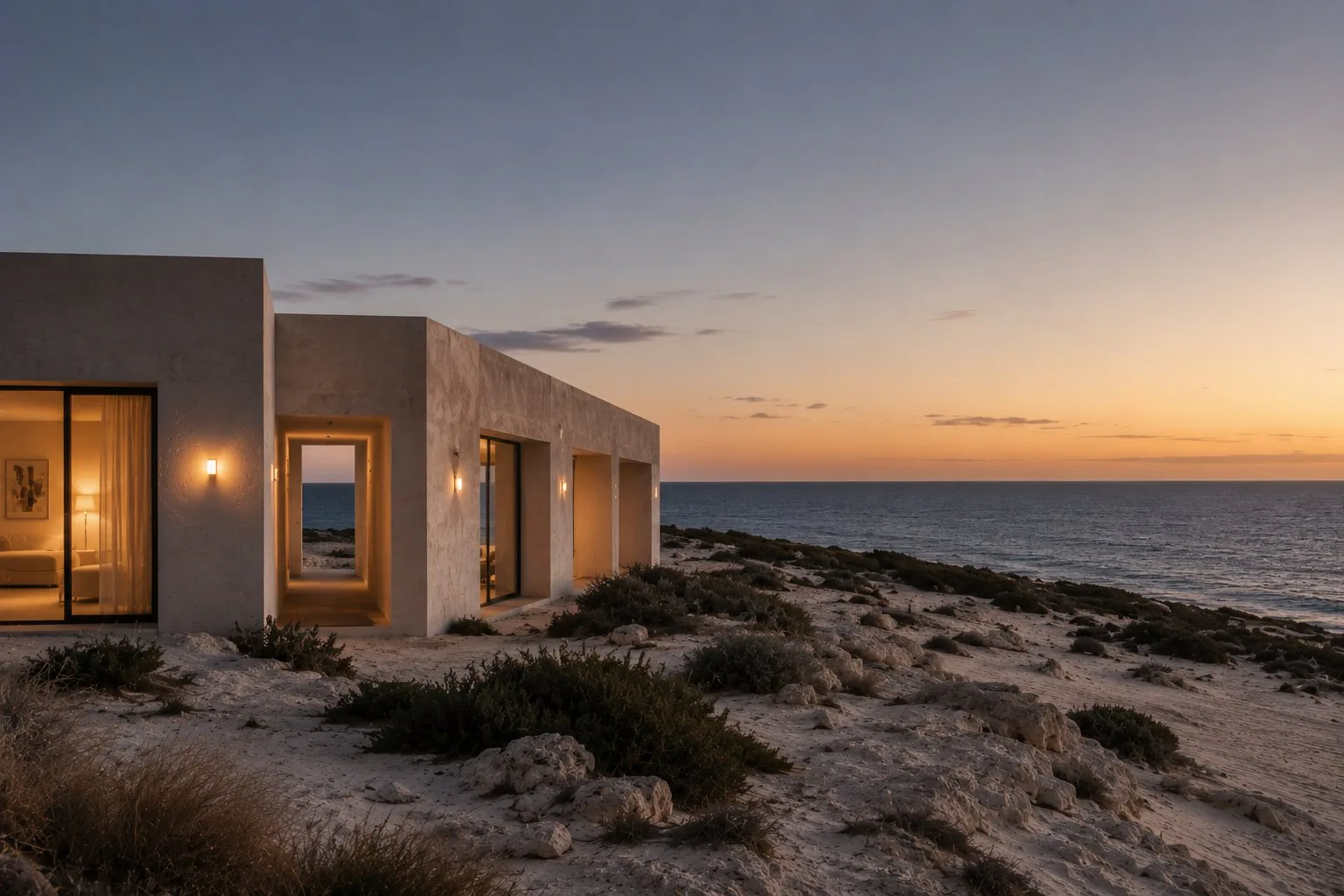 Dune beach house at sunset