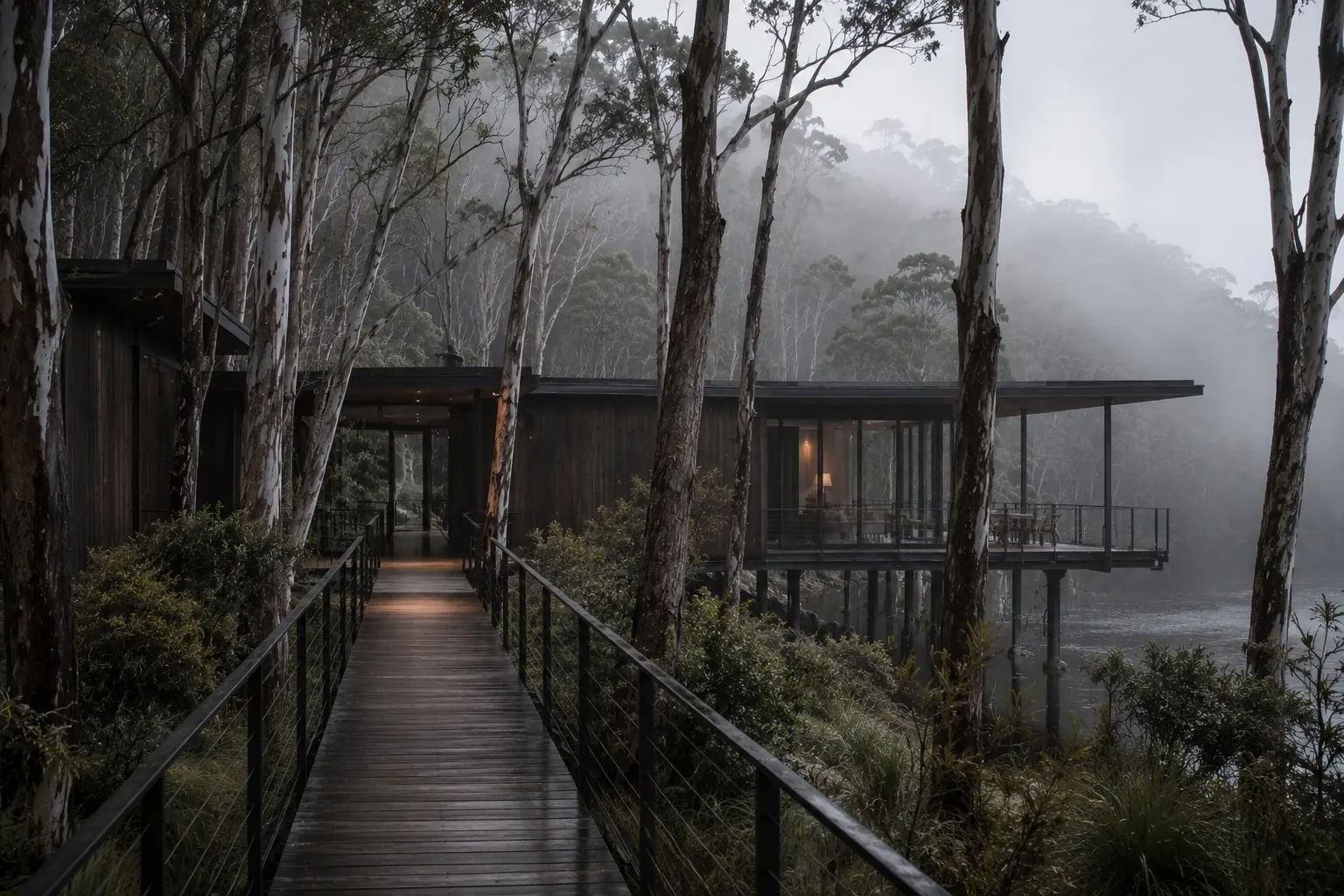 Entry way to river house over wooden walkway 
