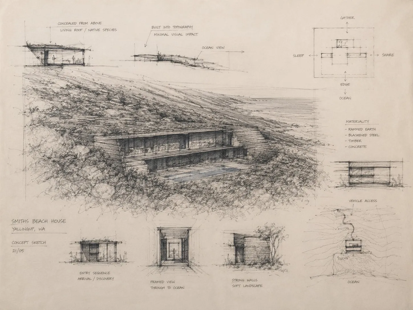Original sketch of building nested into the hillside
