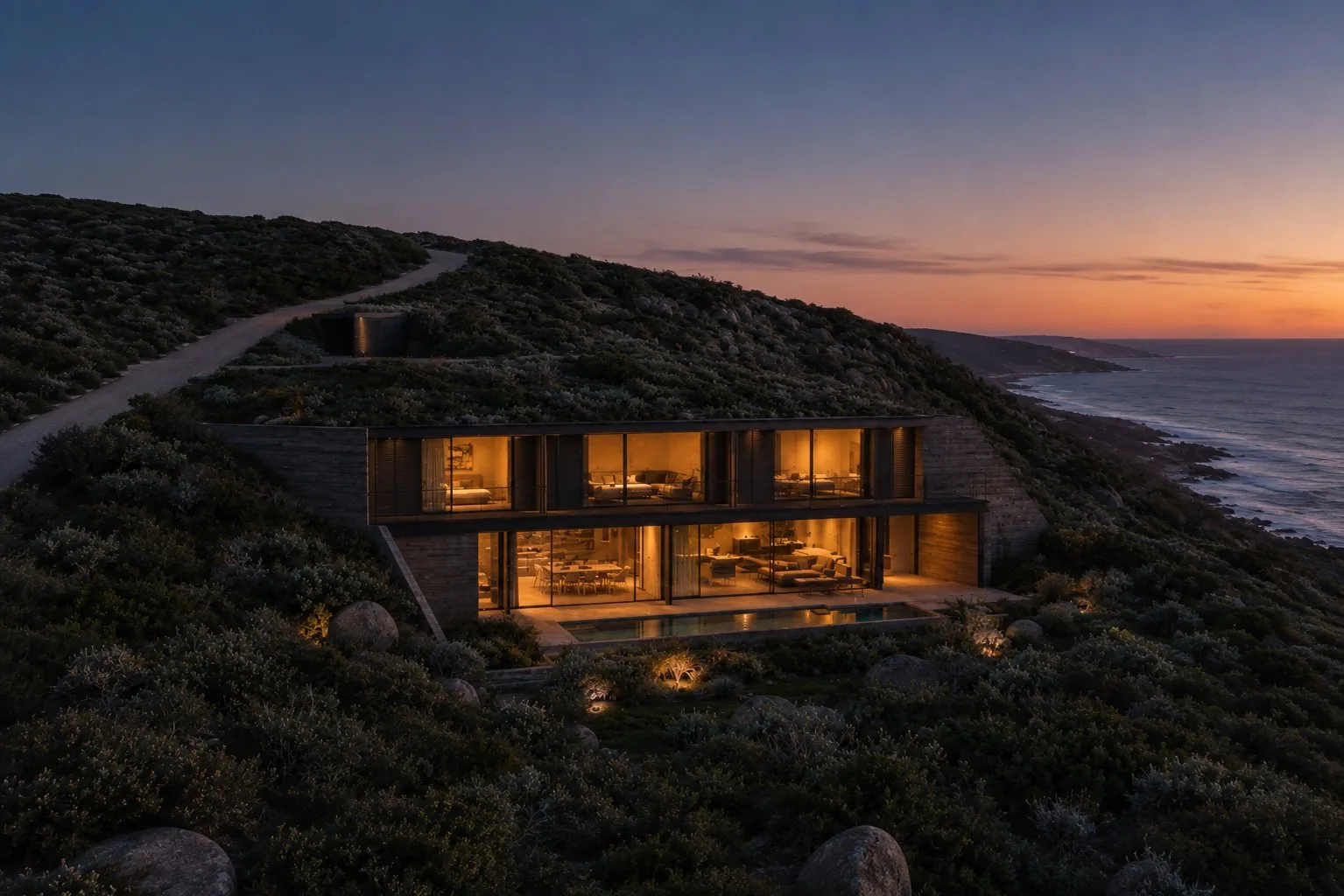 wide angle of heath house at sunset with rooms lit up with warm lighting. 