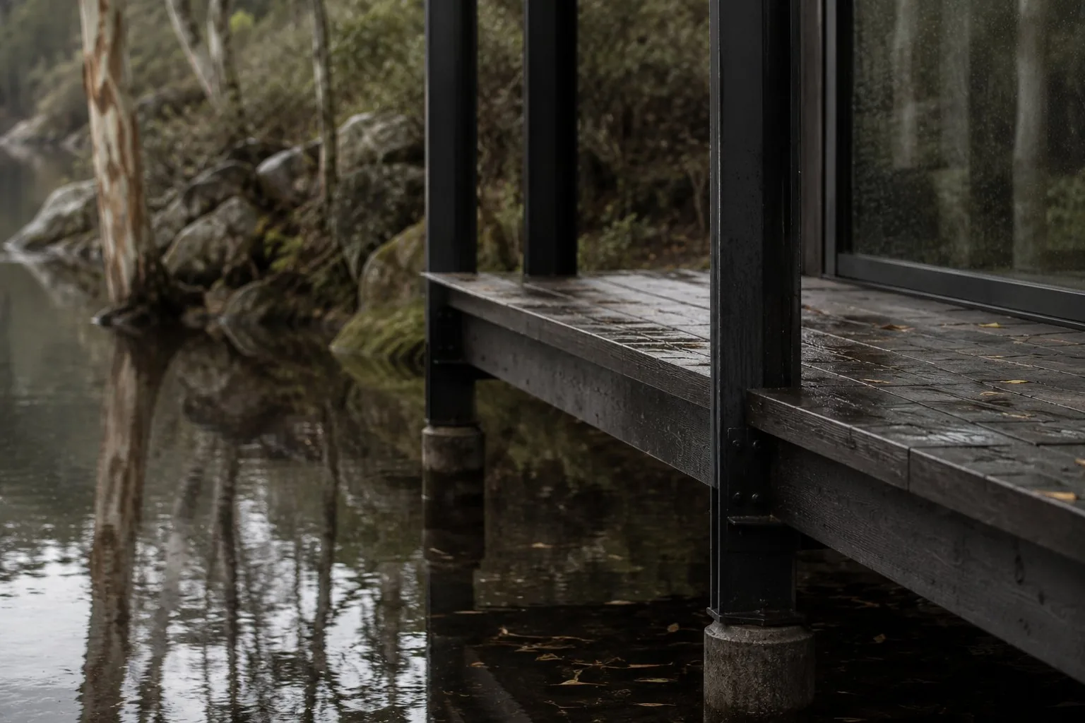 River house balcony above water. 