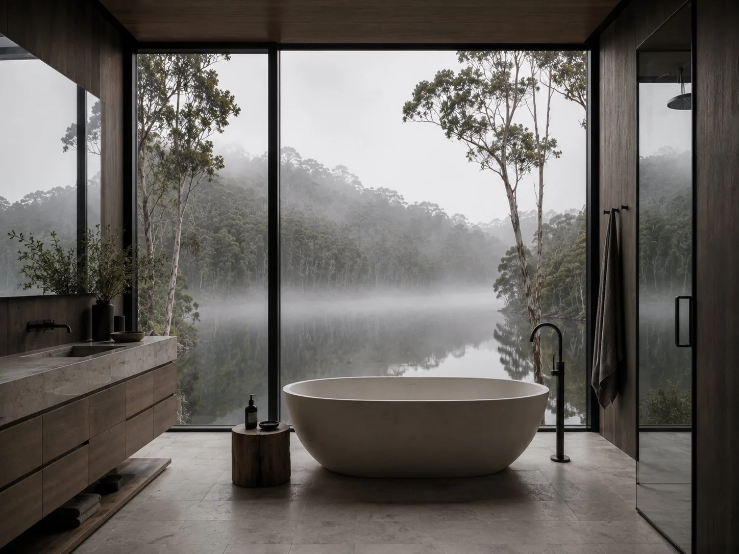 Bath room setting with river view. 