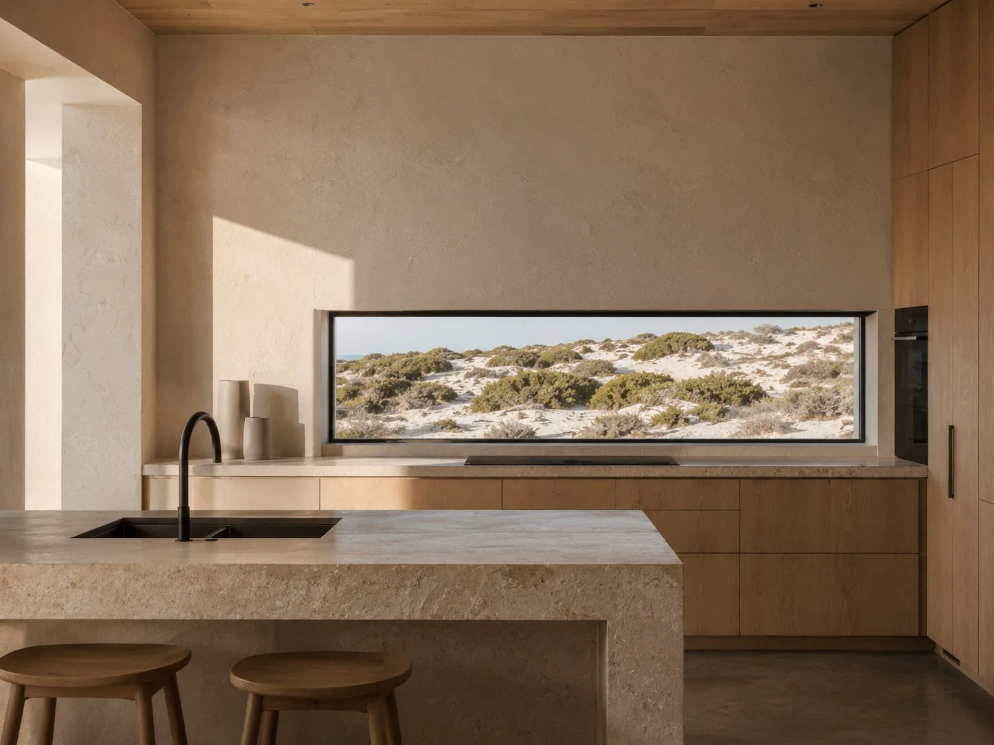 Kitchen with small window view of the dune outside
