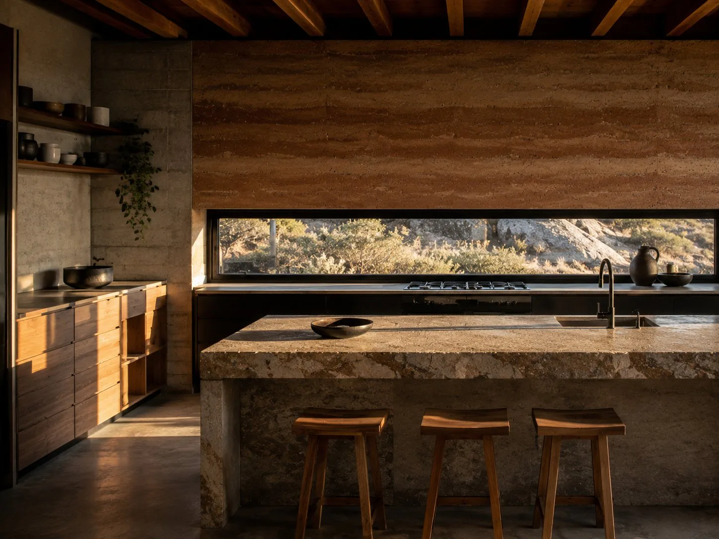 Sleek Kitchen with rammed earth walls and mountain views